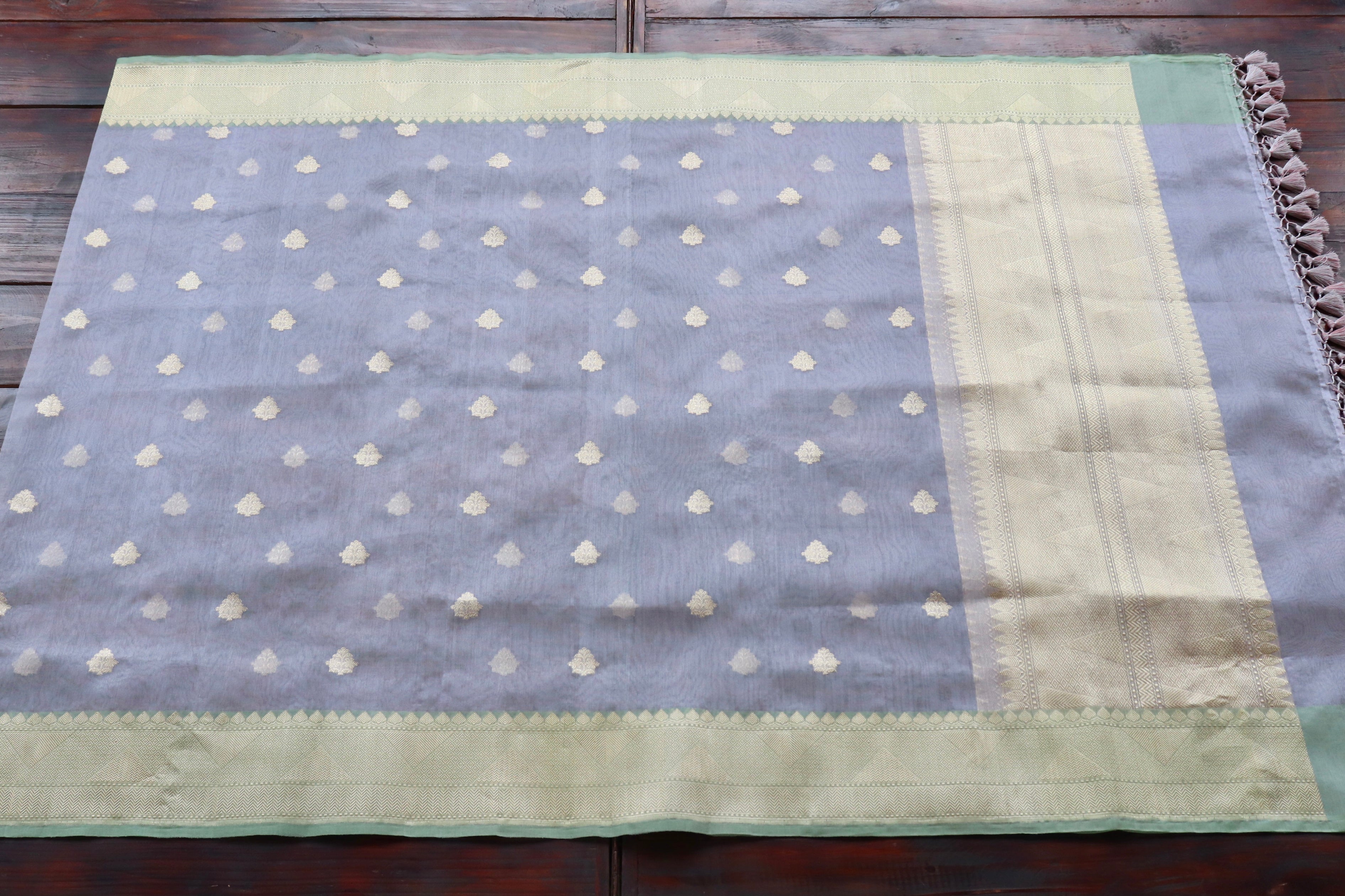 Pale Lilac Leaf Motif Pure Kora Silk Handloom Banarasi Dupatta