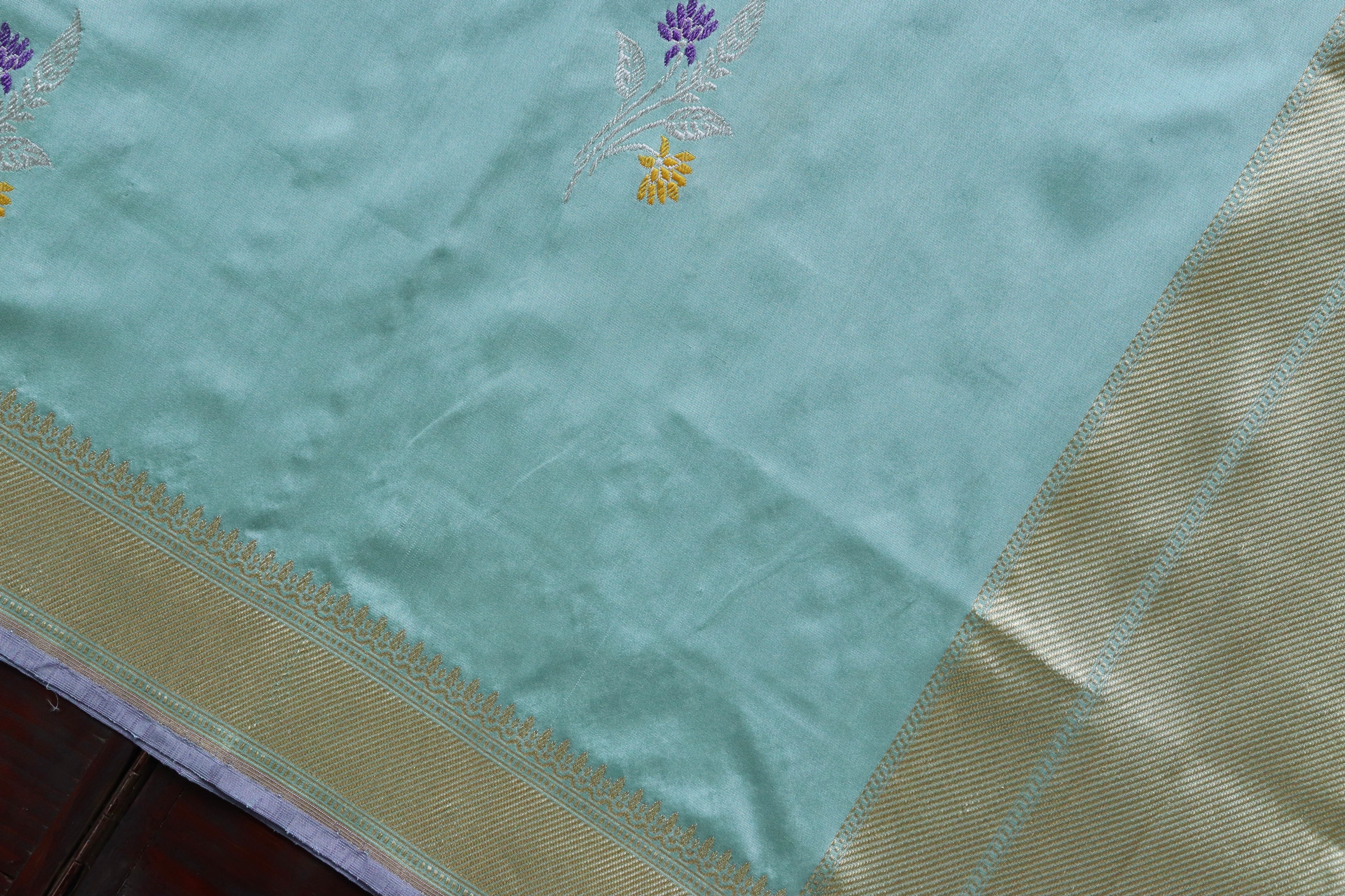 Sky Blue Leaf Motif Pure Silk Handloom Banarasi Dupatta