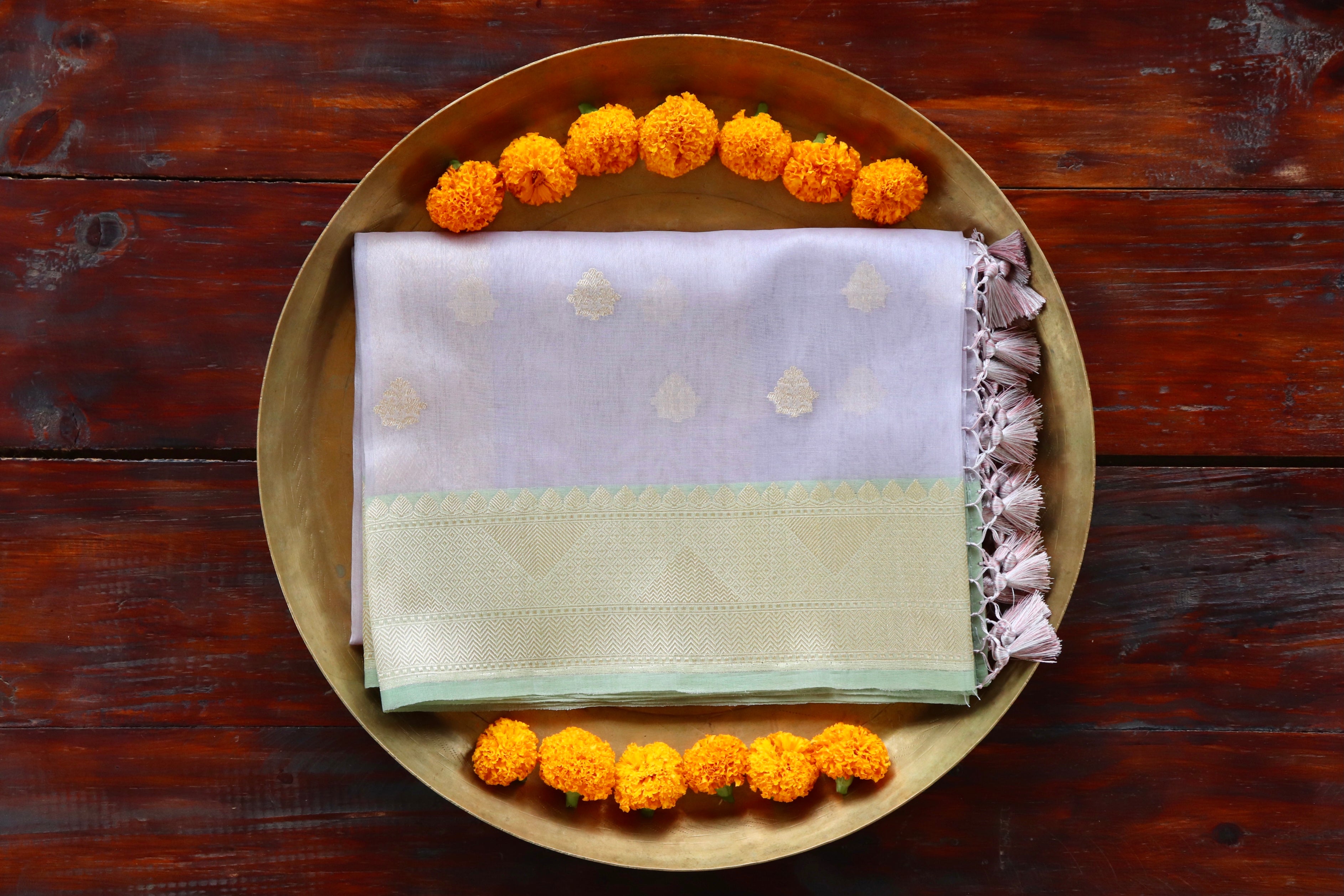 Pale Lilac Leaf Motif Pure Kora Silk Handloom Banarasi Dupatta