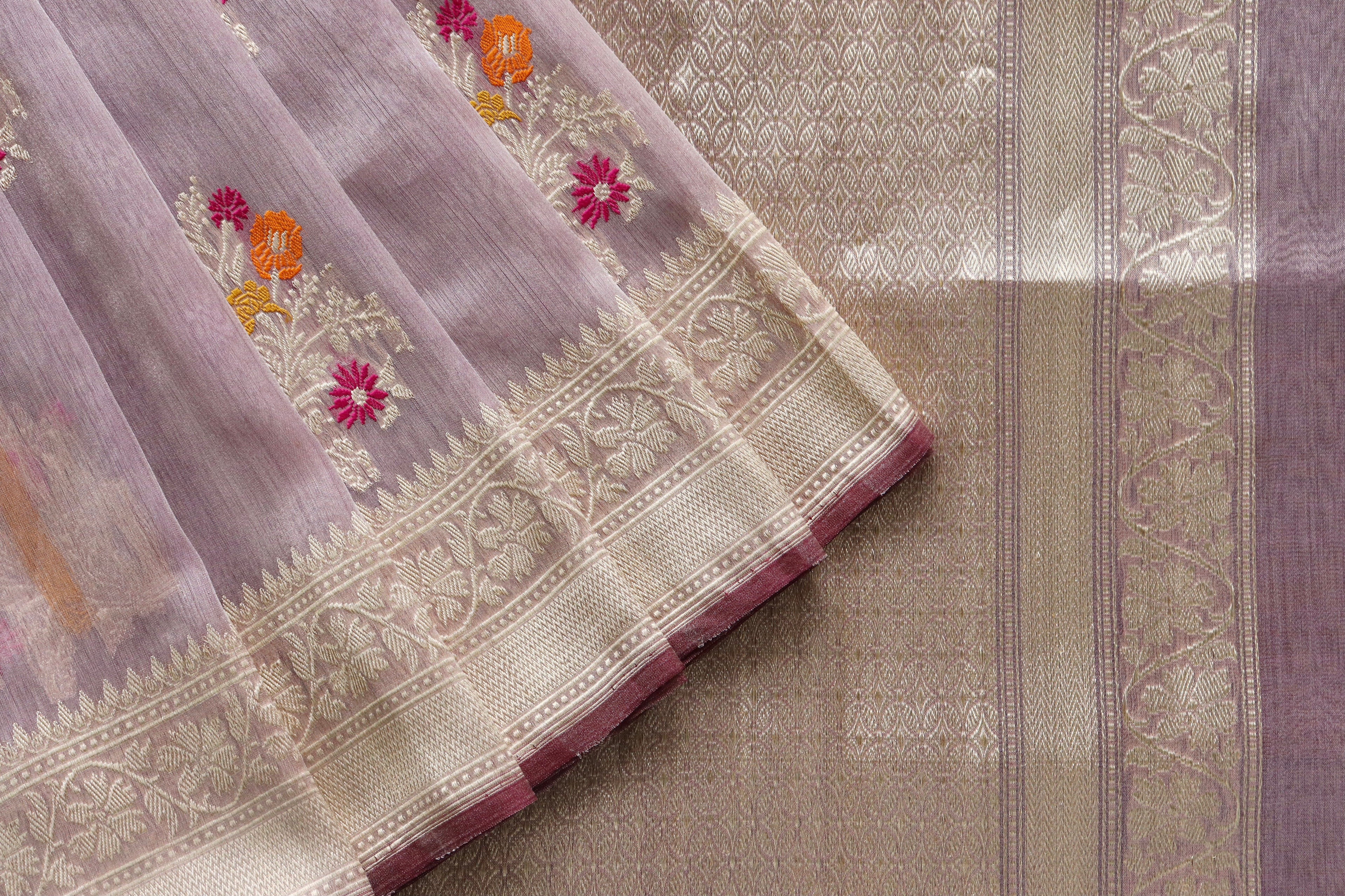 Lilac Guldasta Motif Pure Kora Silk Handloom Saree