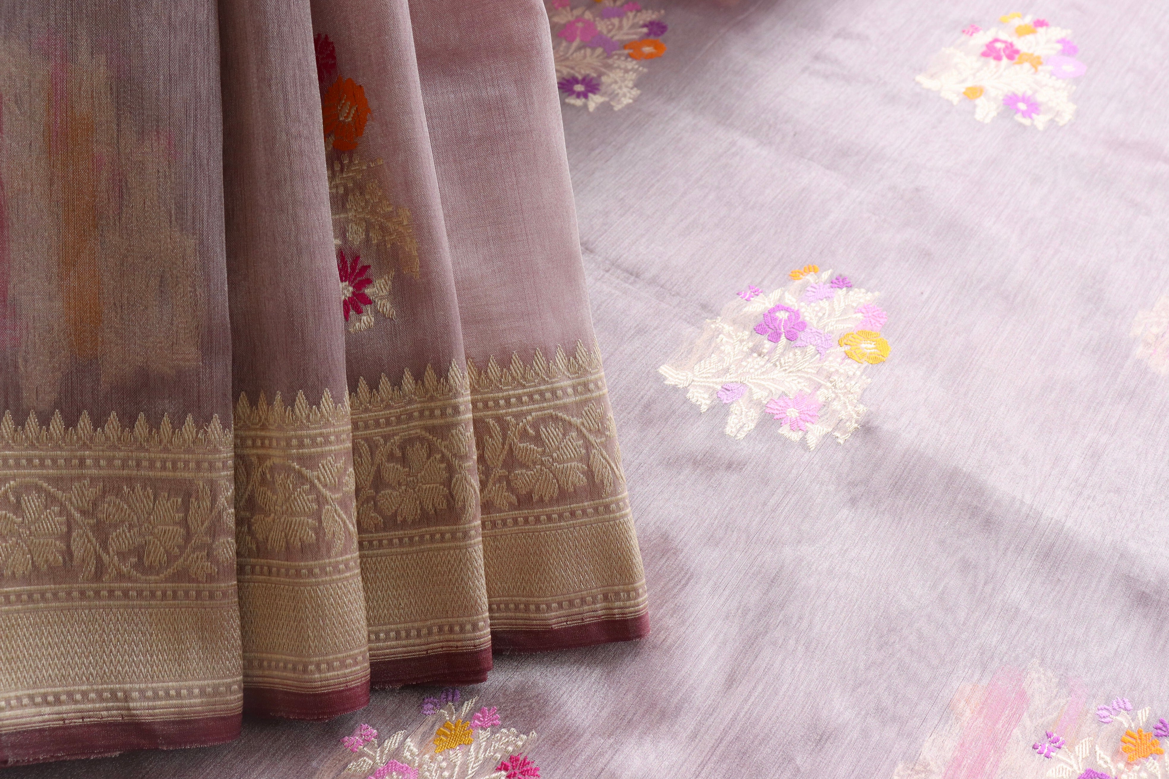Lilac Guldasta Motif Pure Kora Silk Handloom Saree