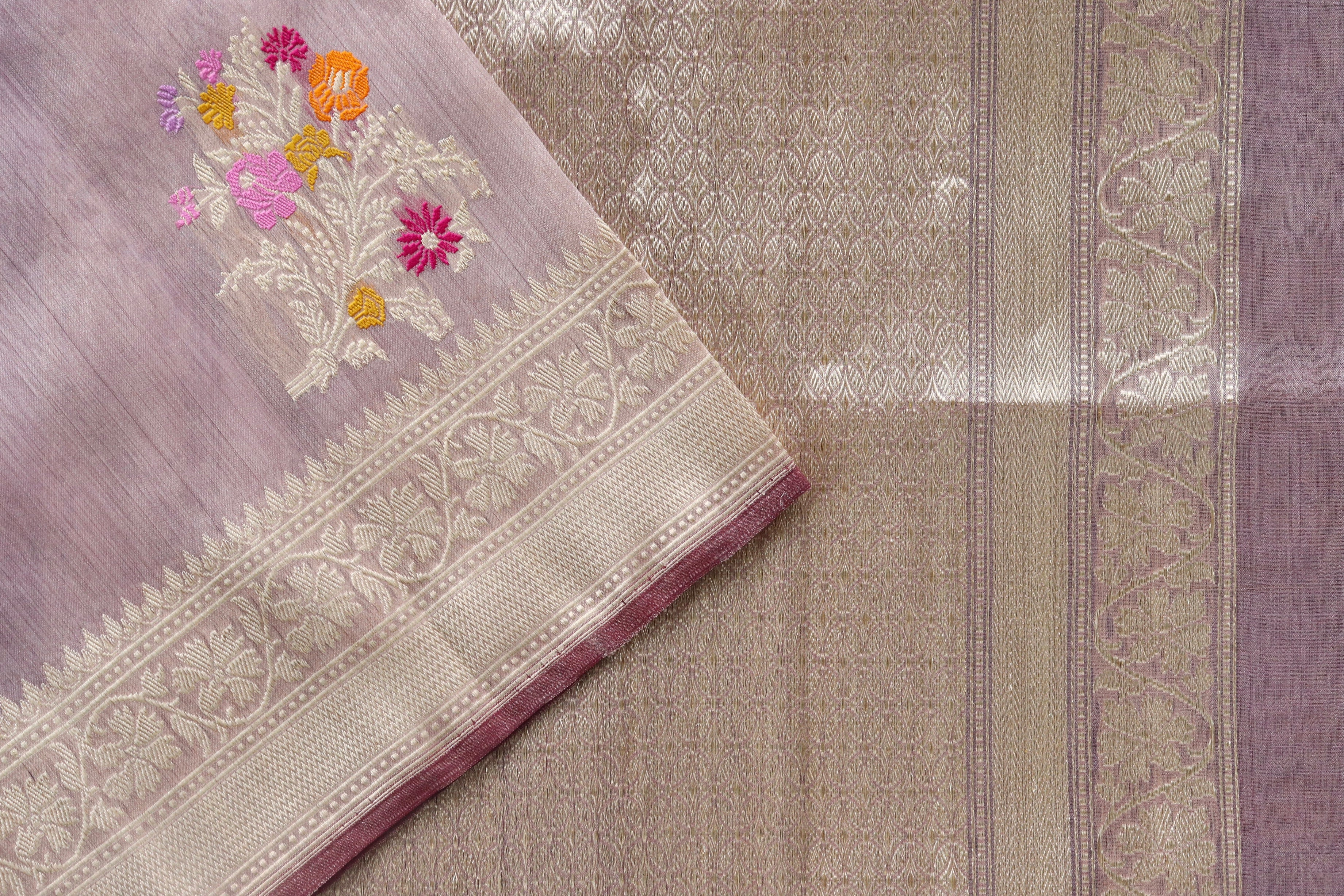 Lilac Guldasta Motif Pure Kora Silk Handloom Saree