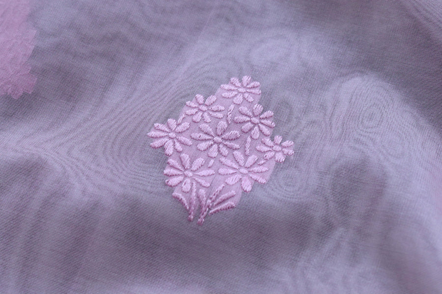 Aanchal motif on Pink Resham Kadhua Kora saree