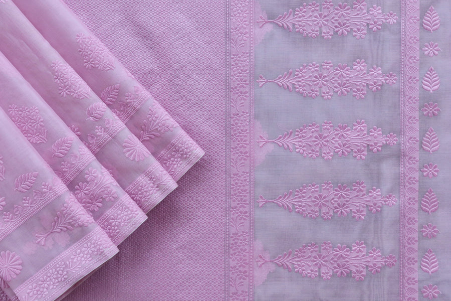 Colour close-up of Pink Resham Kadhua Kora saree