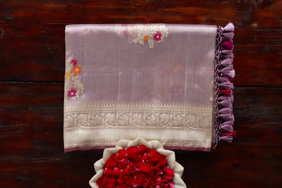 Lilac Guldasta Motif Pure Kora Silk Saree | Stuti Weaves