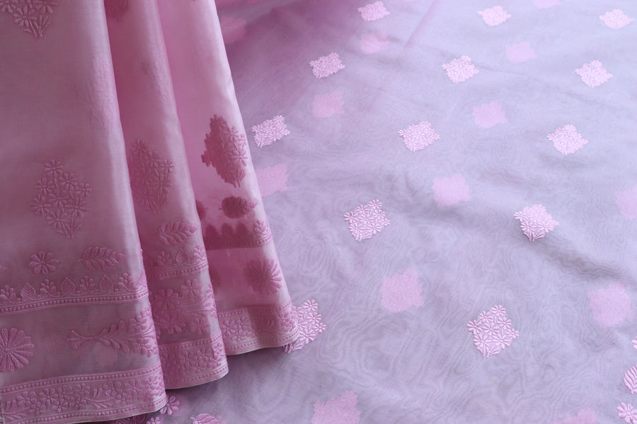 Pallu detail of Pink Resham Kadhua Kora saree