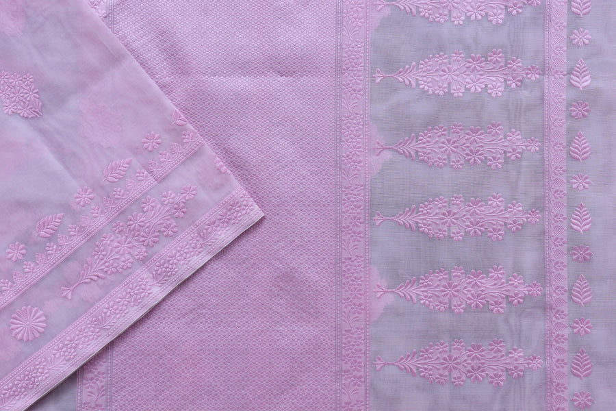 Full drape of Pink Resham Kadhua pure Kora silk handloom saree