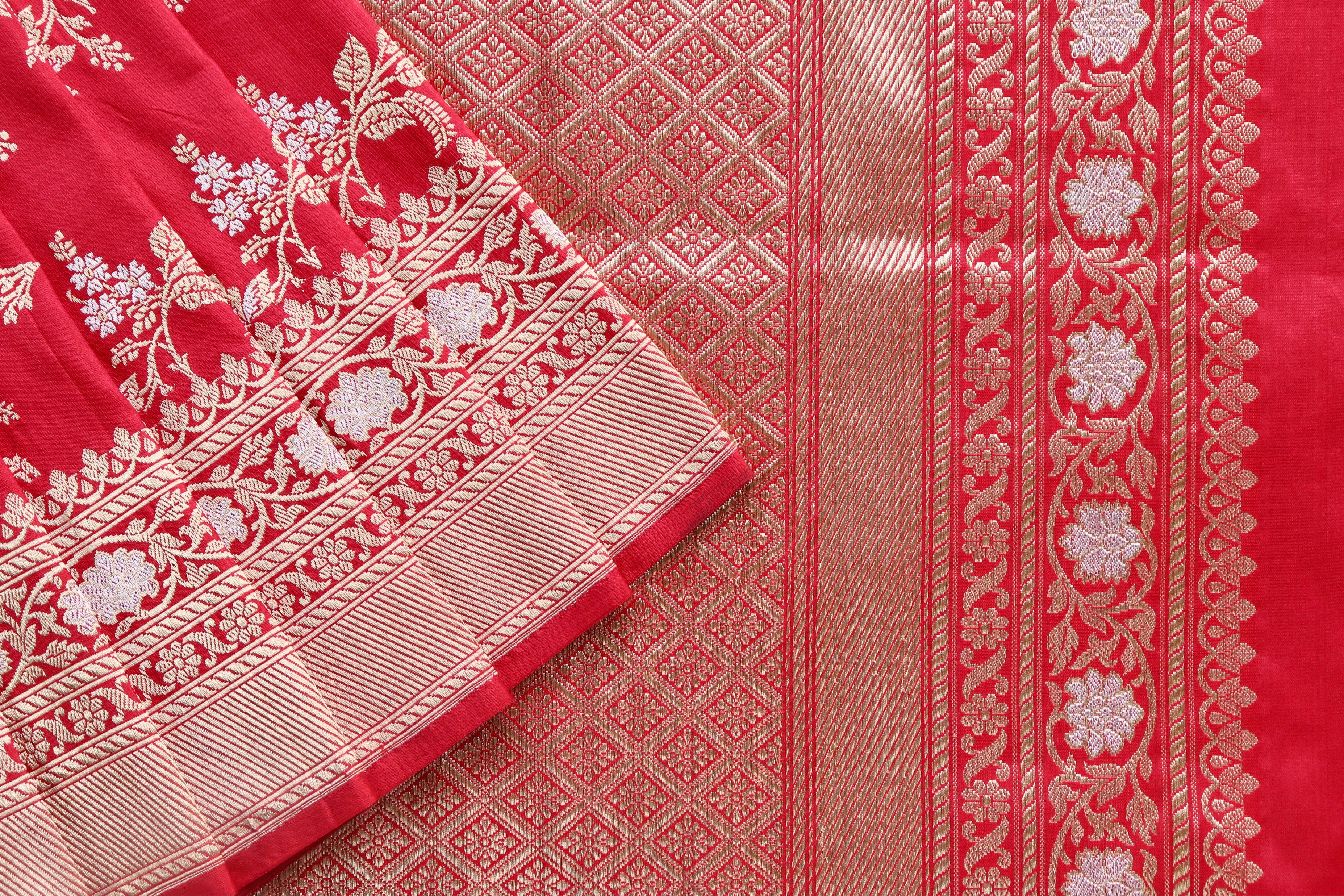 Classic Red Kadhua Phool Jangla Katan Silk Saree