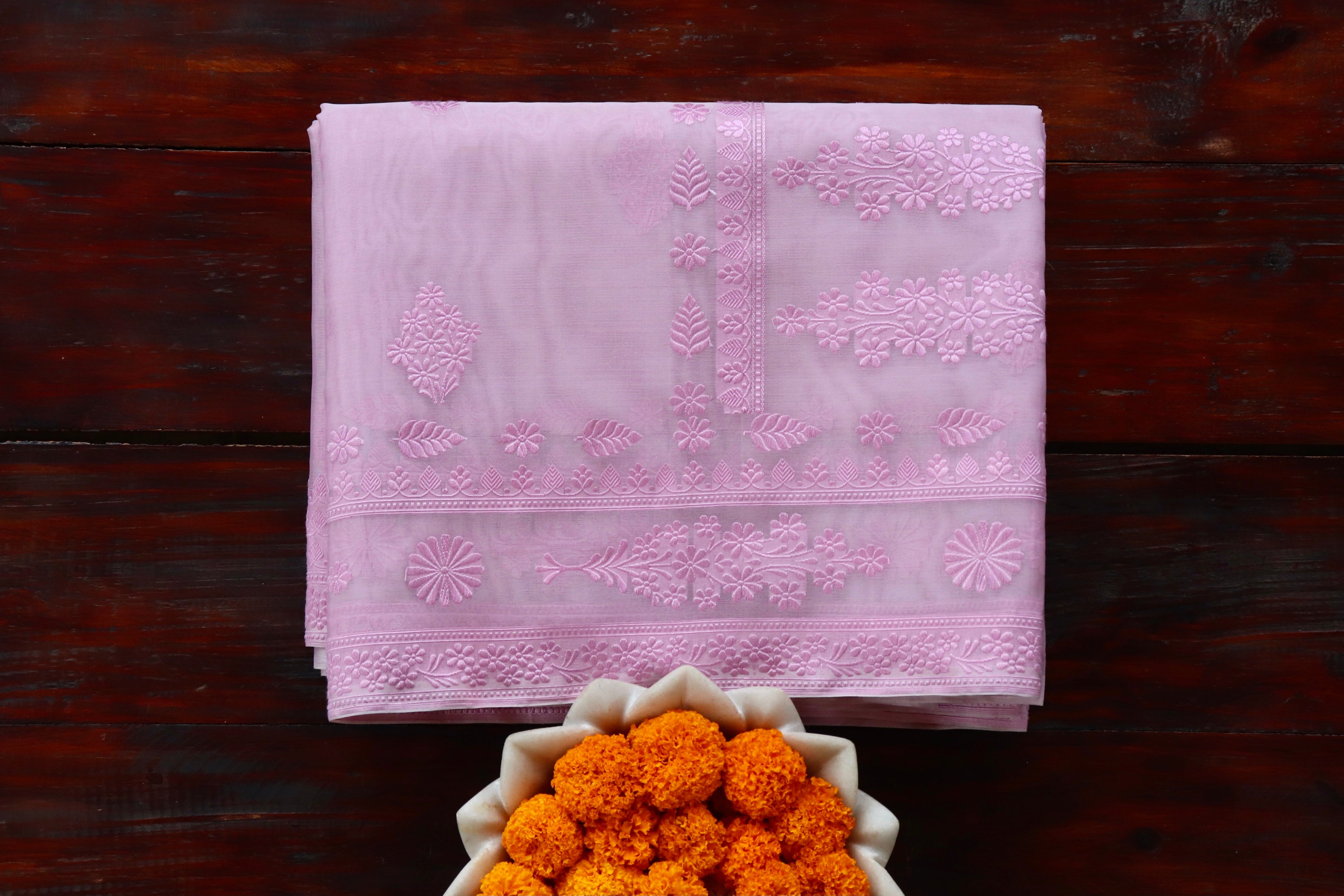 Pink Resham Kadhua Pure Kora Silk Handloom Saree