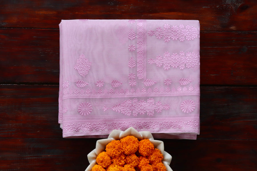 Pink Resham Kadhua Pure Kora Silk Saree | Stuti Weaves