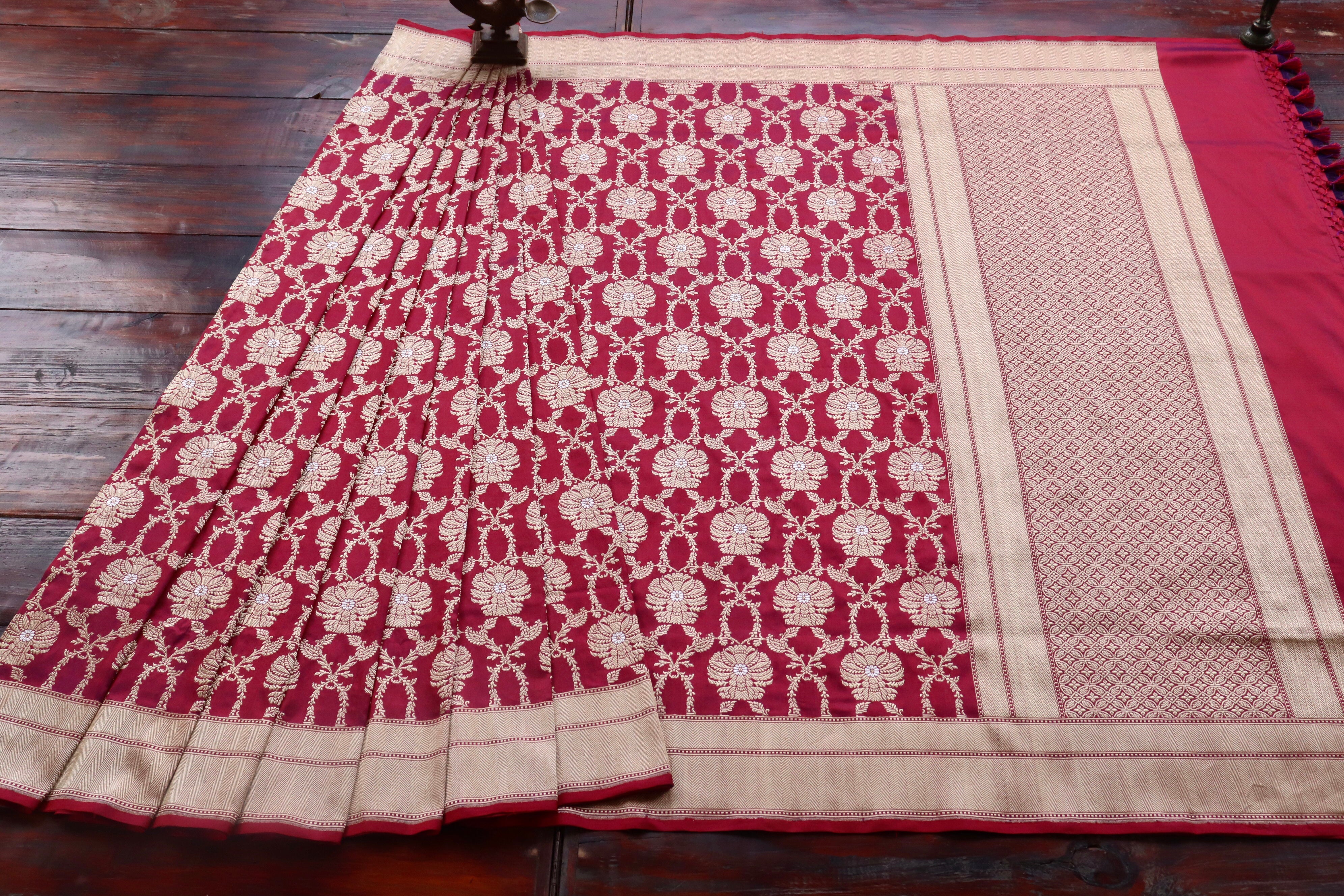 Burgundy Chinar Jangla Pure Silk Handloom Banarasi Saree