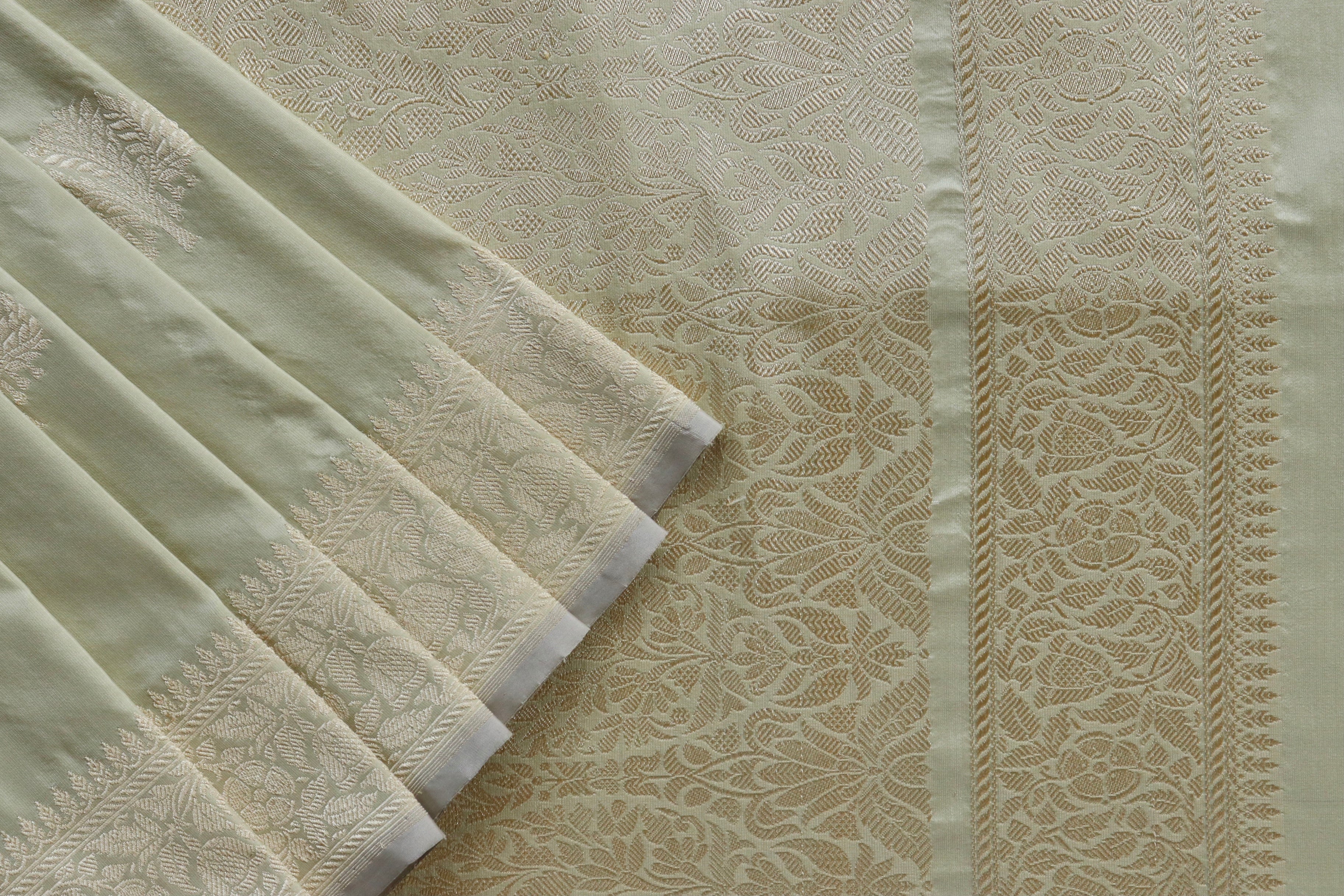 Cream Green Motif Pure Silk Handloom Banarasi Saree