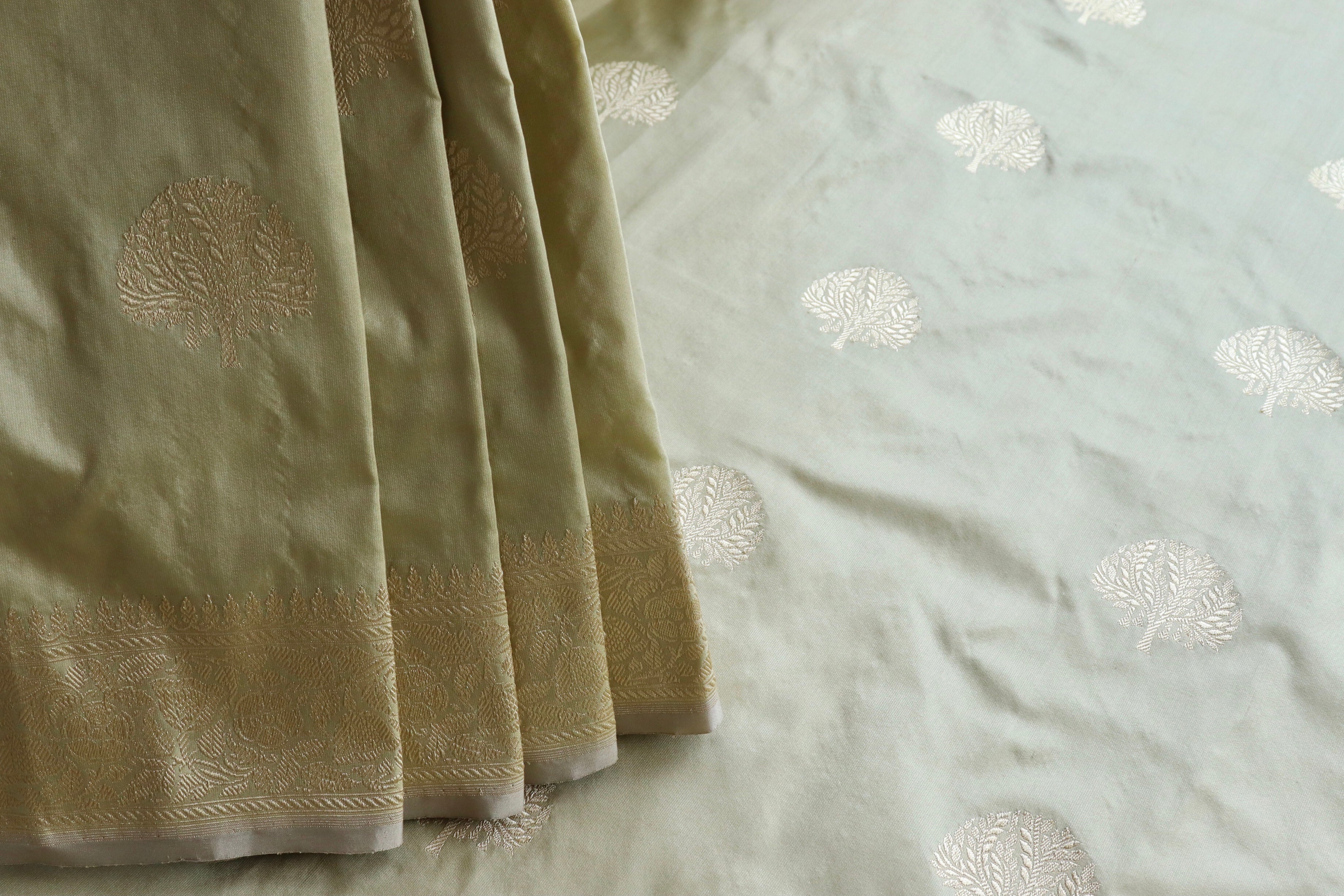 Cream Green Motif Pure Silk Handloom Banarasi Saree