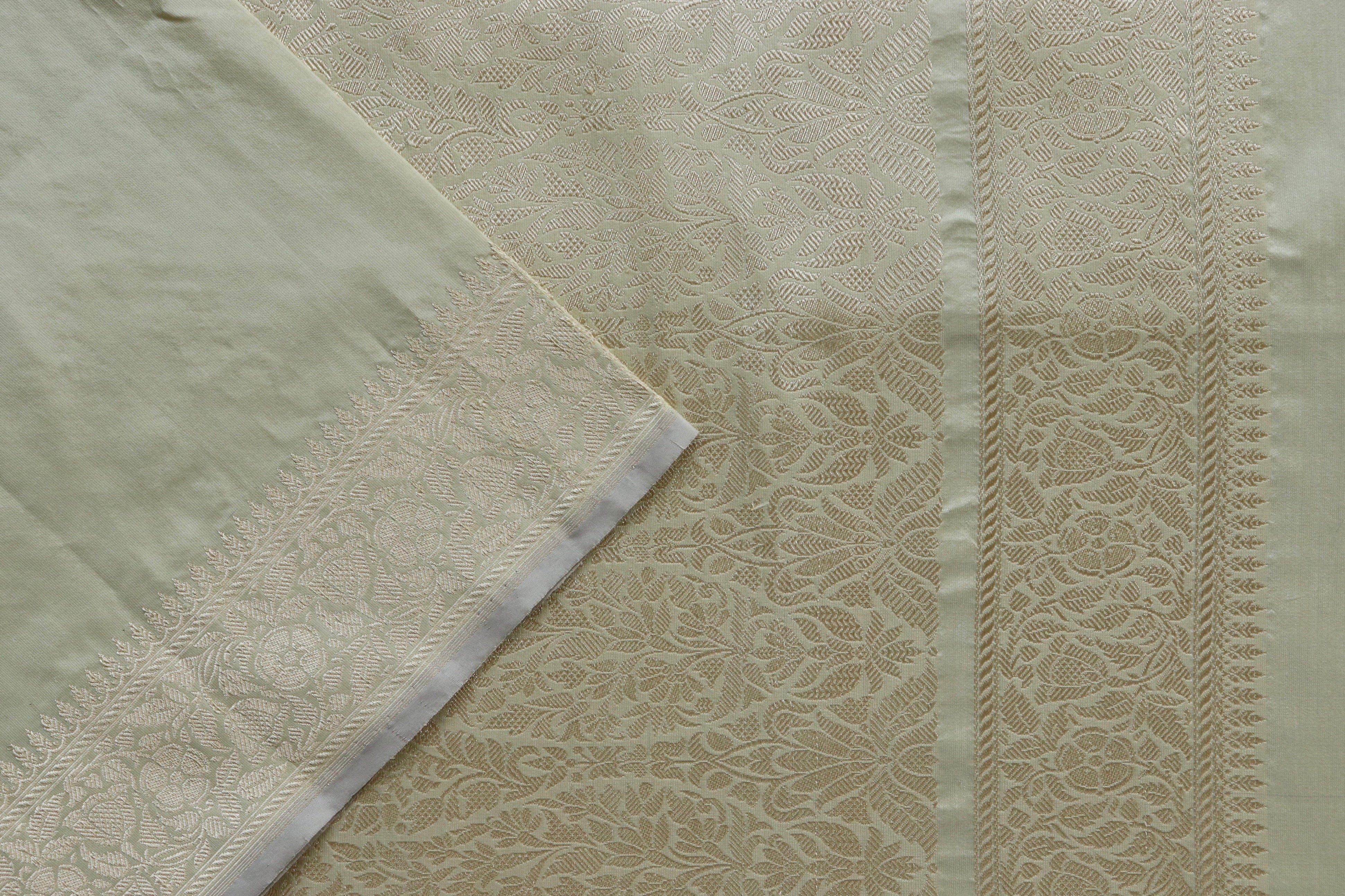 Cream Green Motif Pure Silk Handloom Banarasi Saree