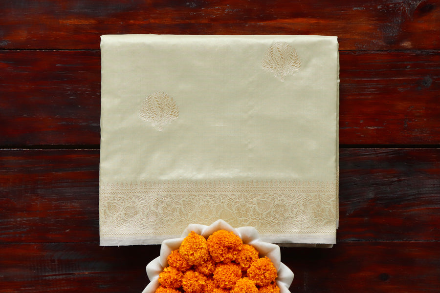 Cream Green Motif Pure Silk Banarasi Saree | Stuti Weaves