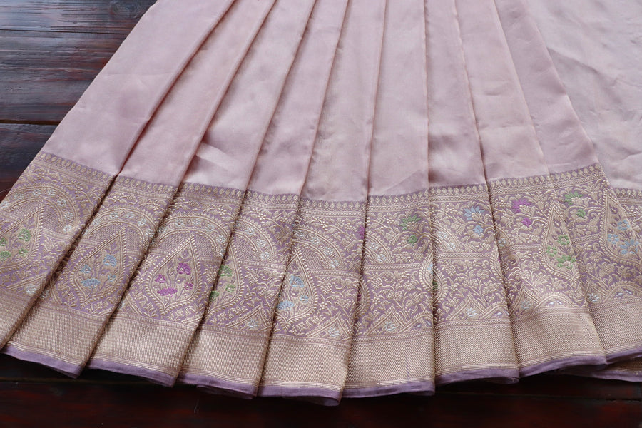Meenakari motif close-up on Baby Pink & Baby Purple Tissue saree