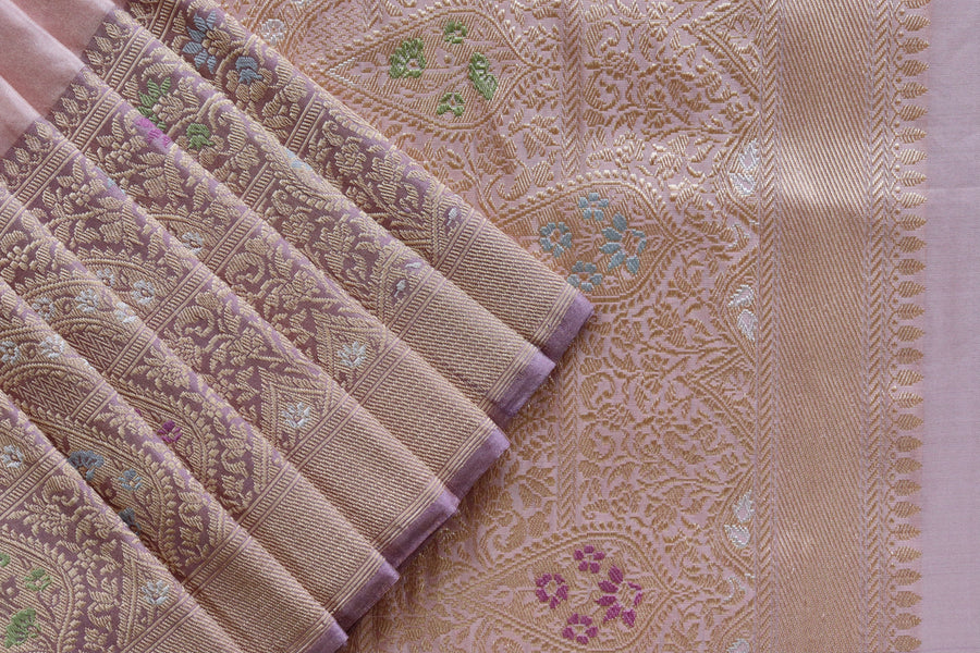 Pleat detail of Baby Pink & Baby Purple Tissue Kadiyal saree