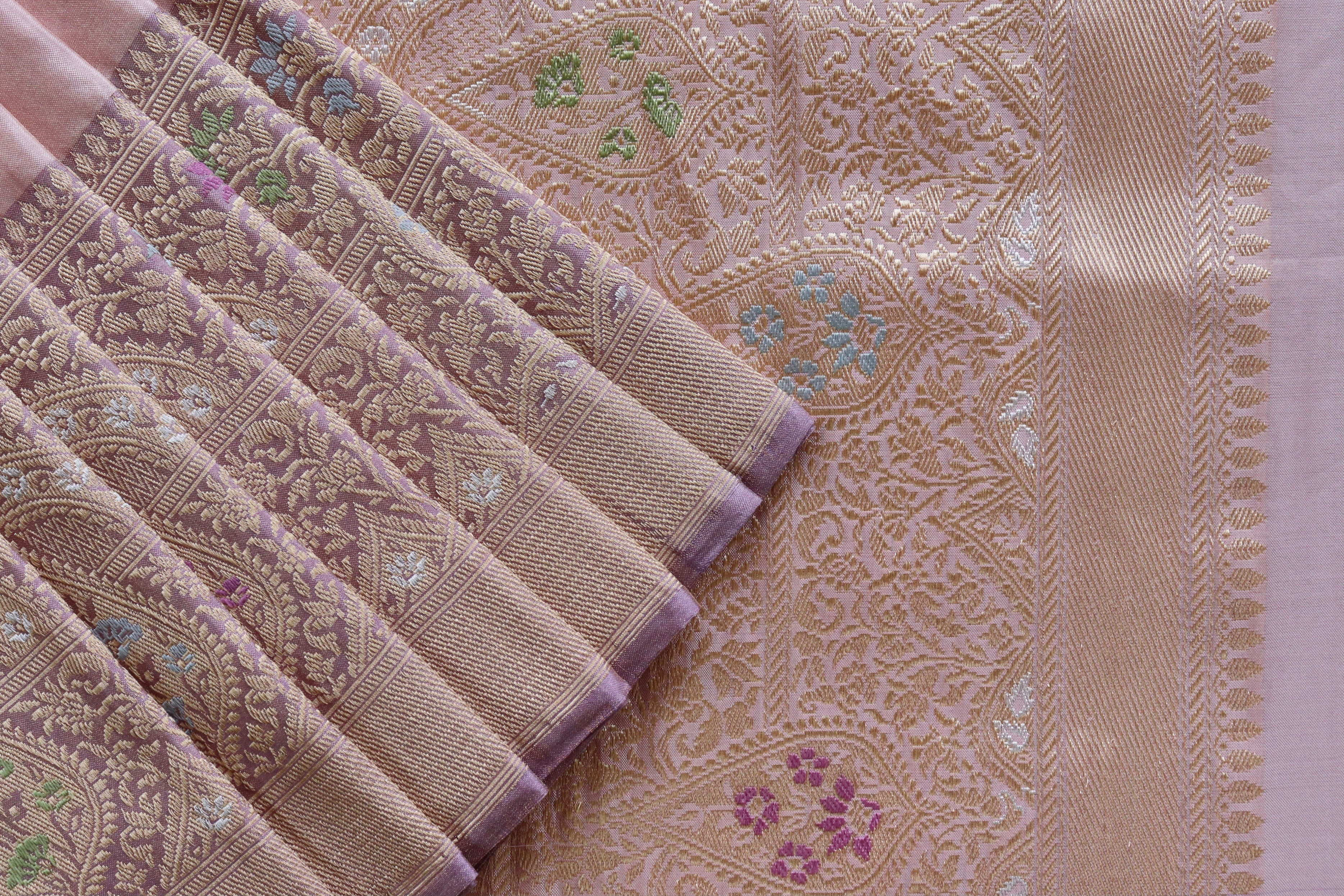 Baby Pink & Baby Purple Tissue With Meenadar Silk Kadiyal Banarasi Saree