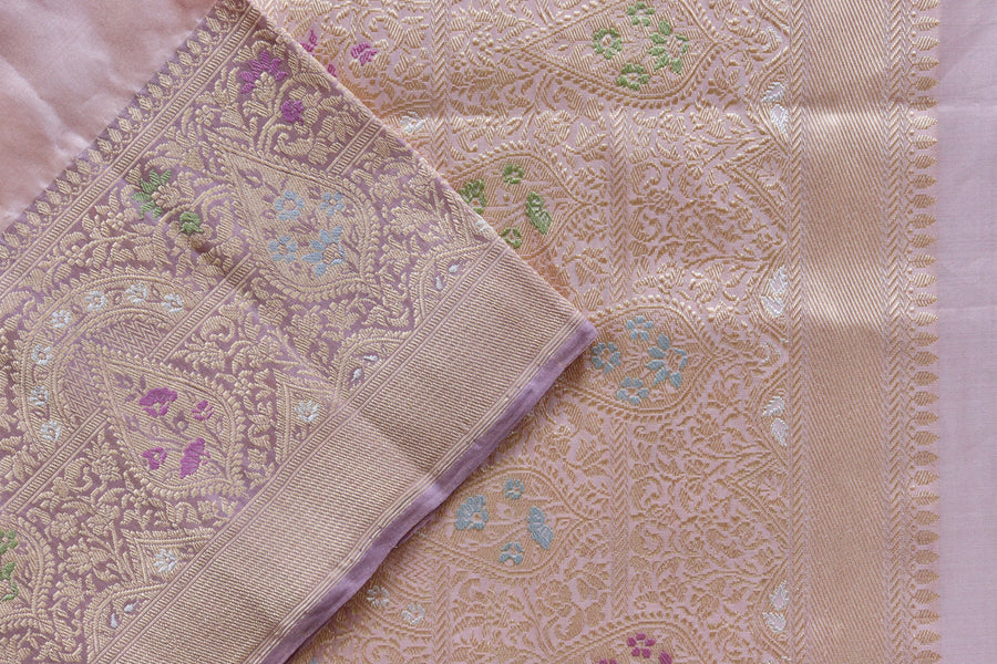 Full drape of Baby Pink & Baby Purple Tissue Meenadar Kadiyal Banarasi saree