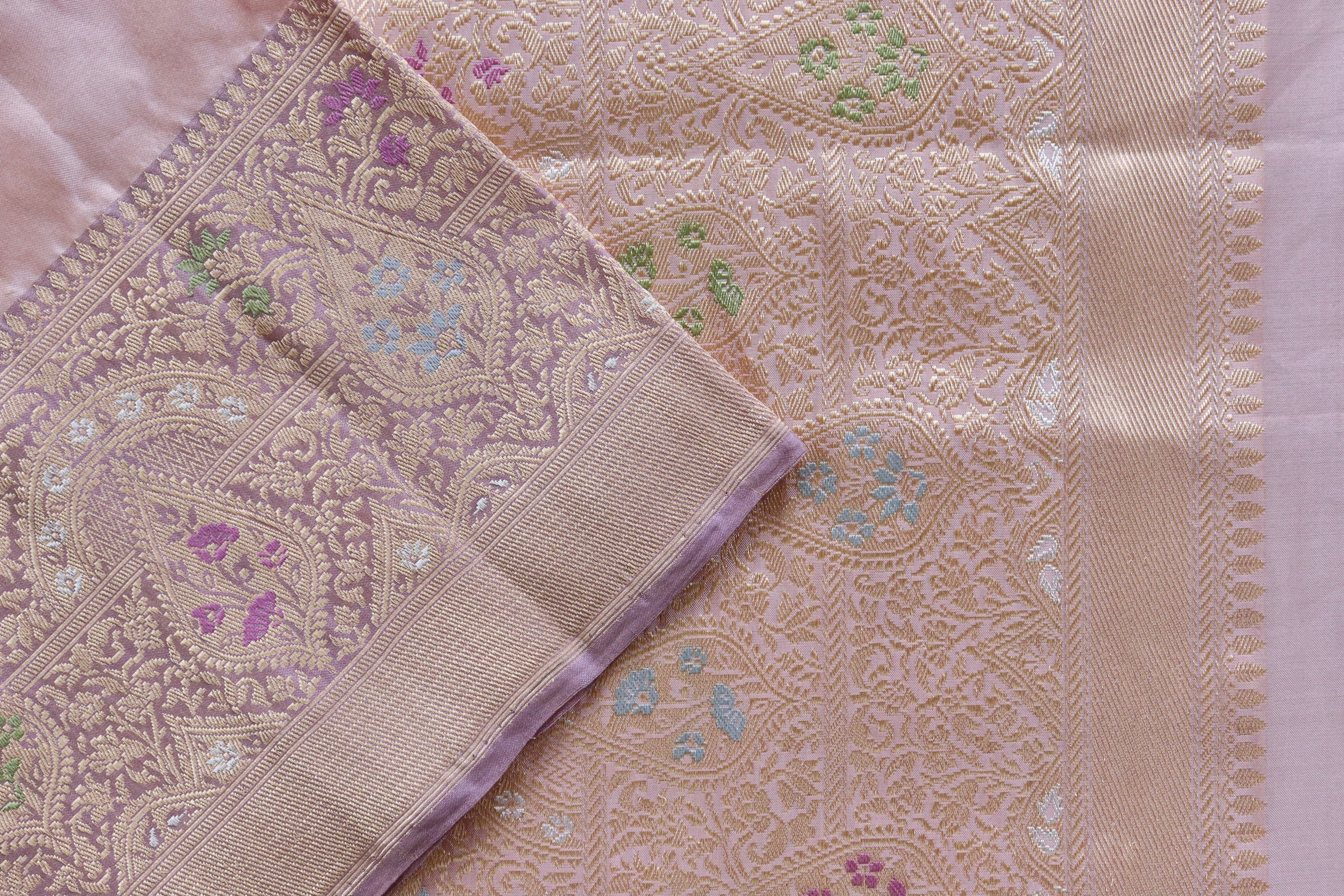 Baby Pink & Baby Purple Tissue With Meenadar Silk Kadiyal Banarasi Saree