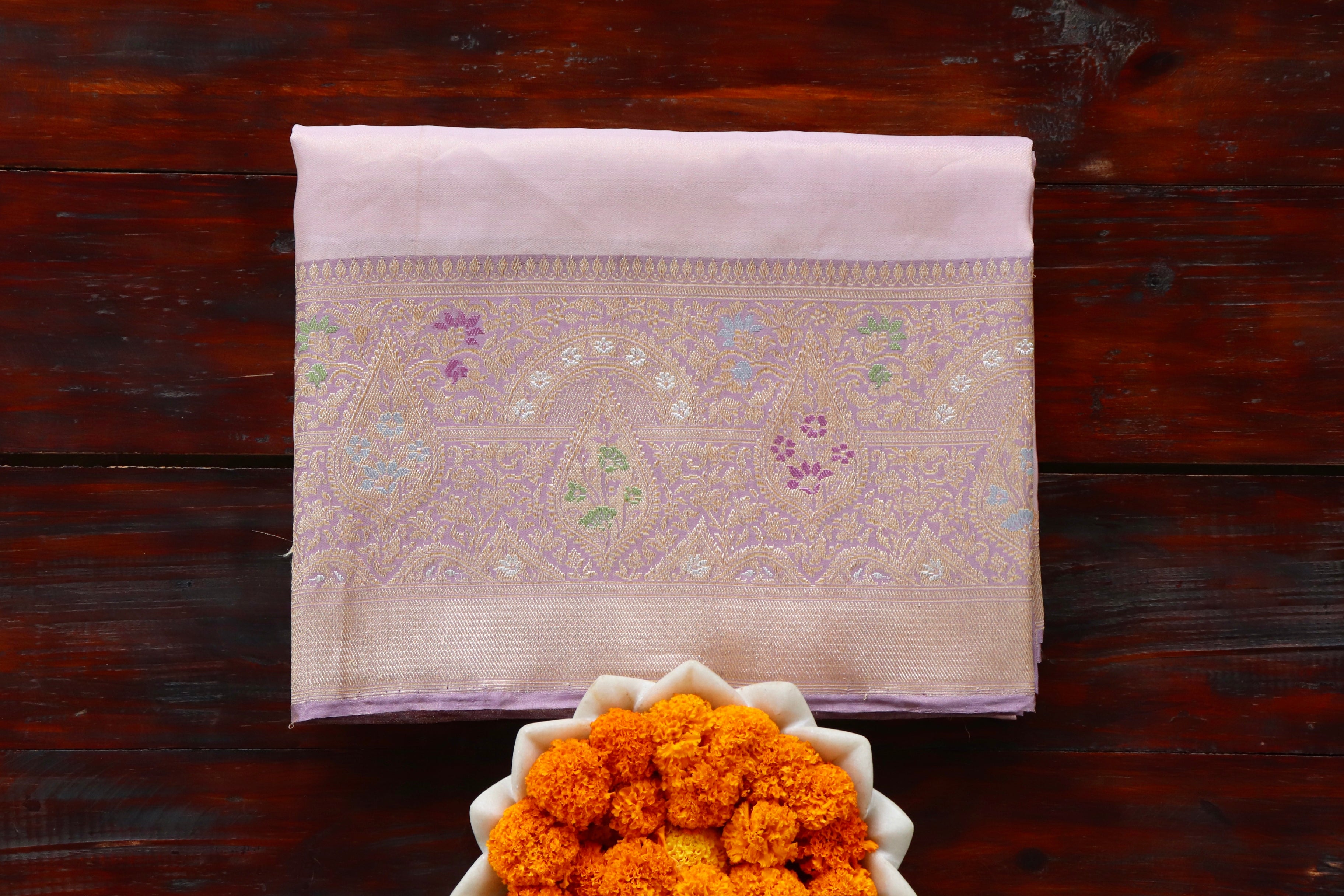 Baby Pink & Baby Purple Tissue With Meenadar Silk Kadiyal Banarasi Saree