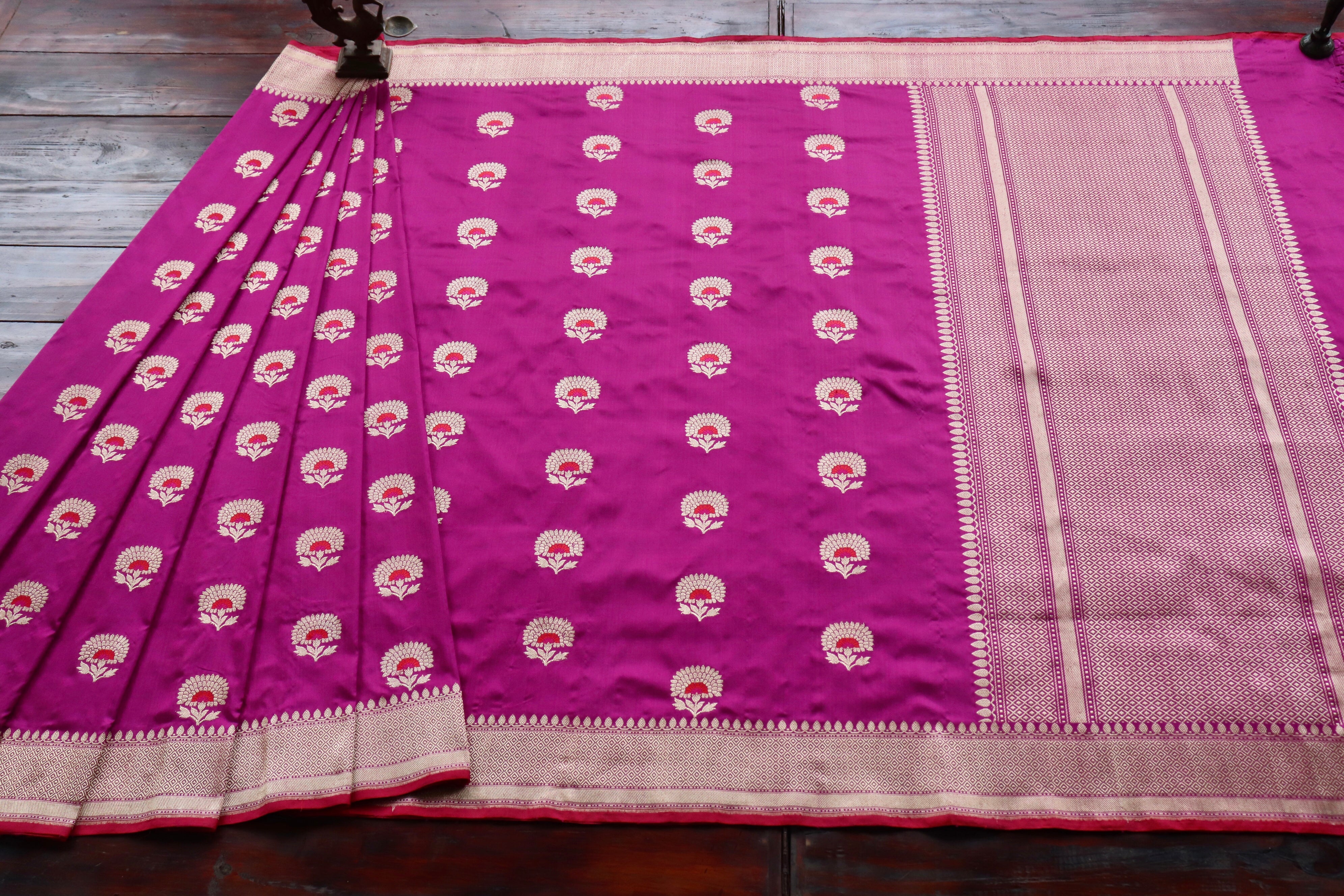 Purple Genda Motif Pure Silk Handloom Banarasi Saree