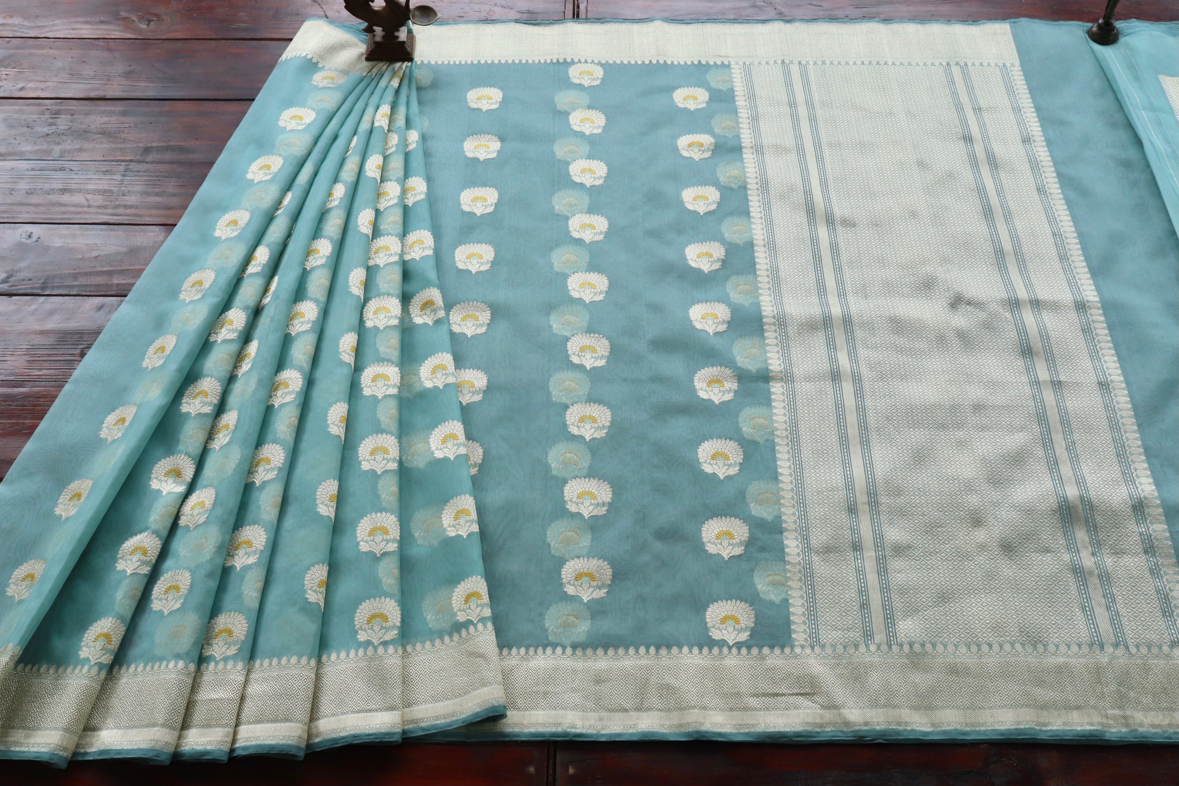 Sky Blue Genda Motif Pure Silk Handloom Banarasi Saree