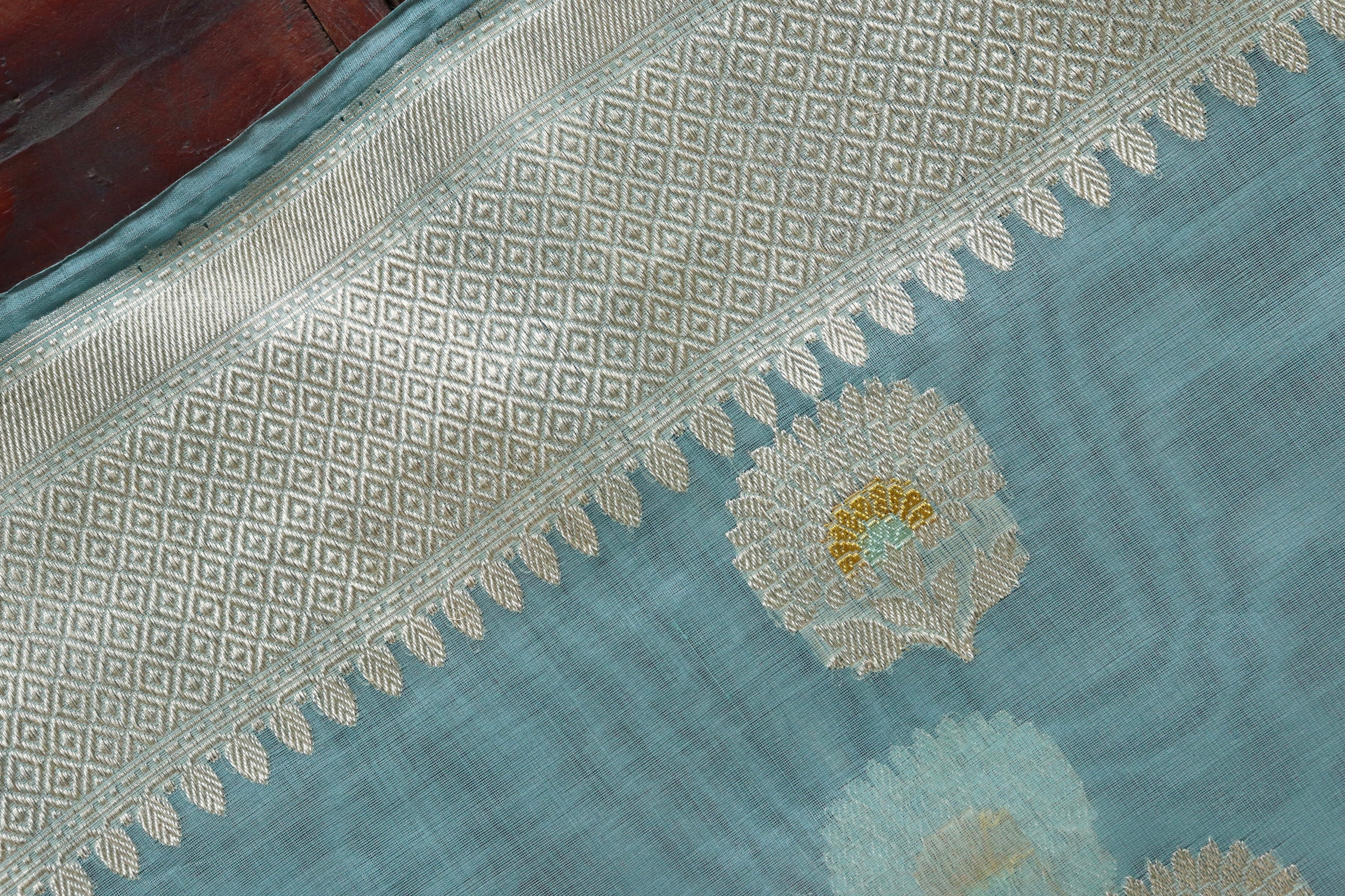 Sky Blue Genda Motif Pure Silk Handloom Banarasi Saree