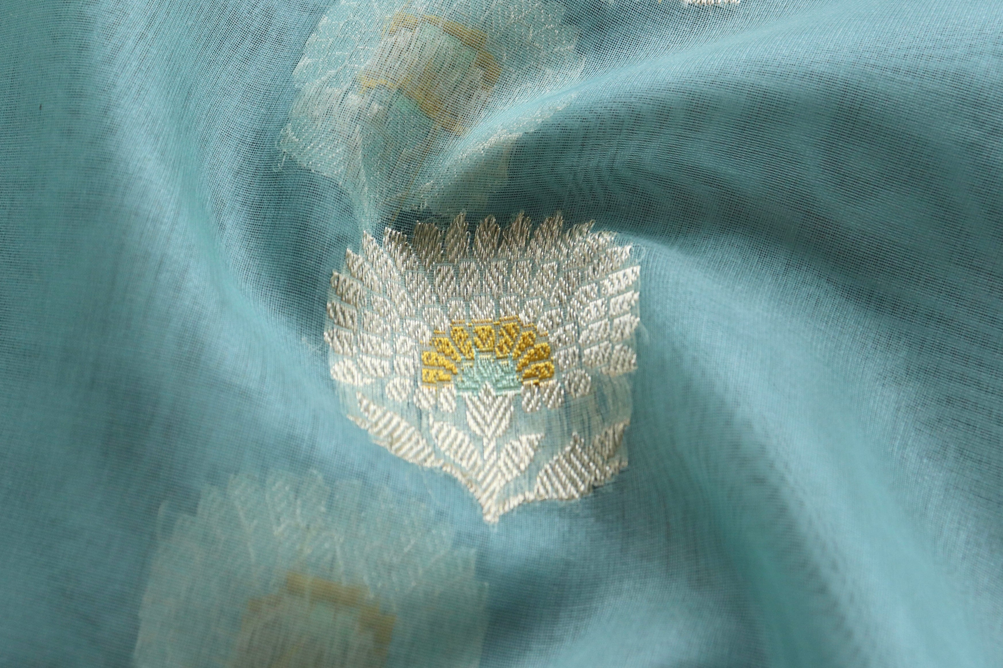 Sky Blue Genda Motif Pure Silk Handloom Banarasi Saree