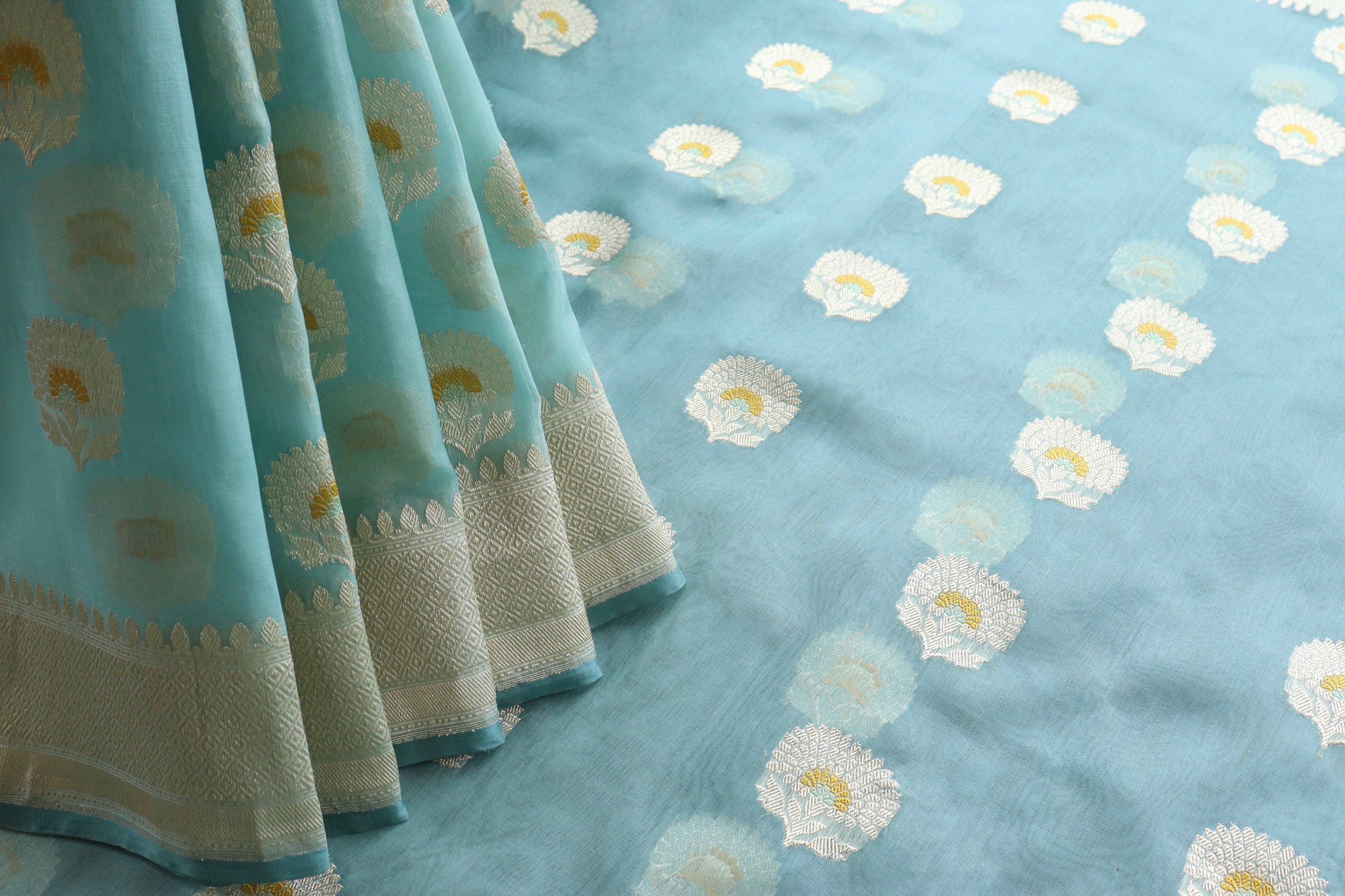 Sky Blue Genda Motif Pure Silk Handloom Banarasi Saree