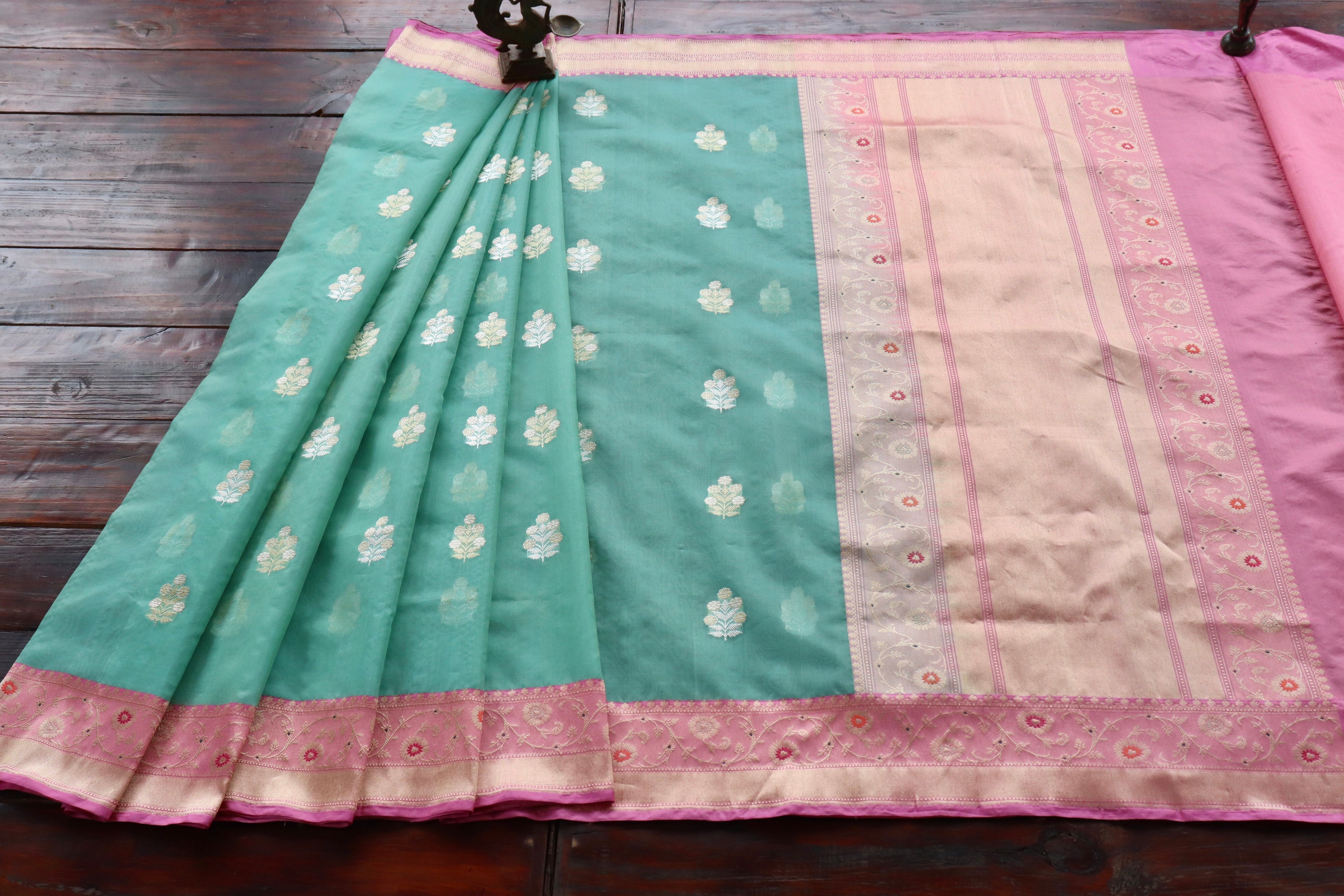 Sea Green & Pink Sona Rupa Motif Pure Silk Handloom Banarasi Saree