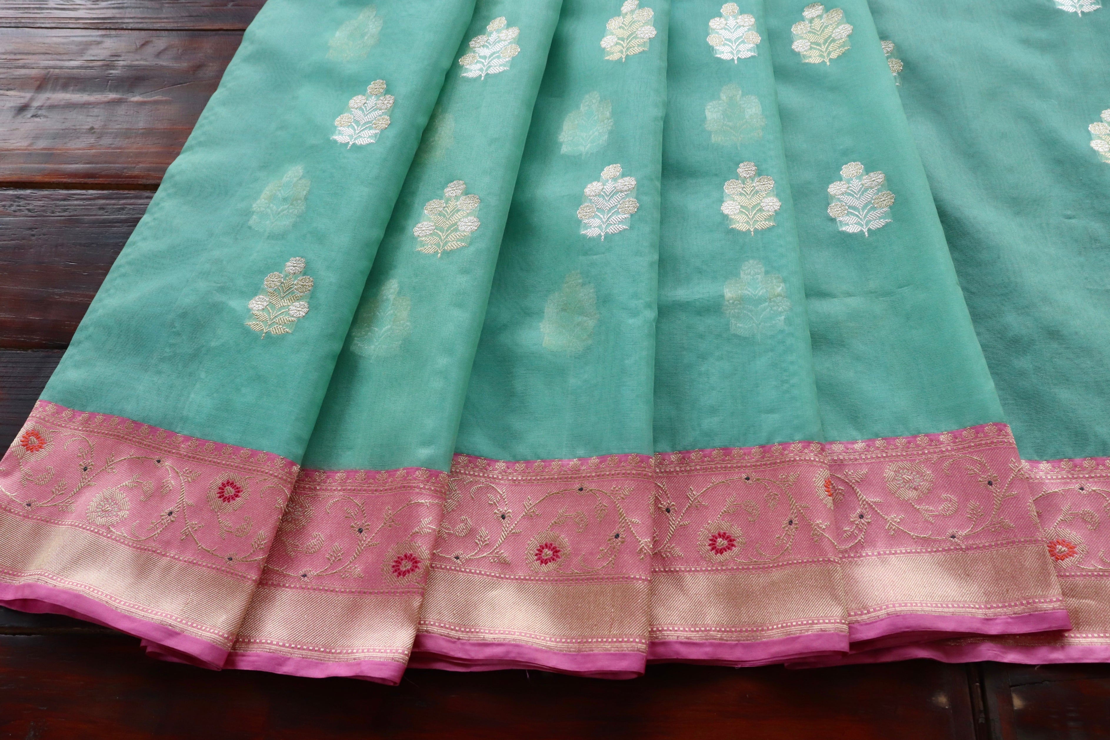 Sea Green & Pink Sona Rupa Motif Pure Silk Handloom Banarasi Saree