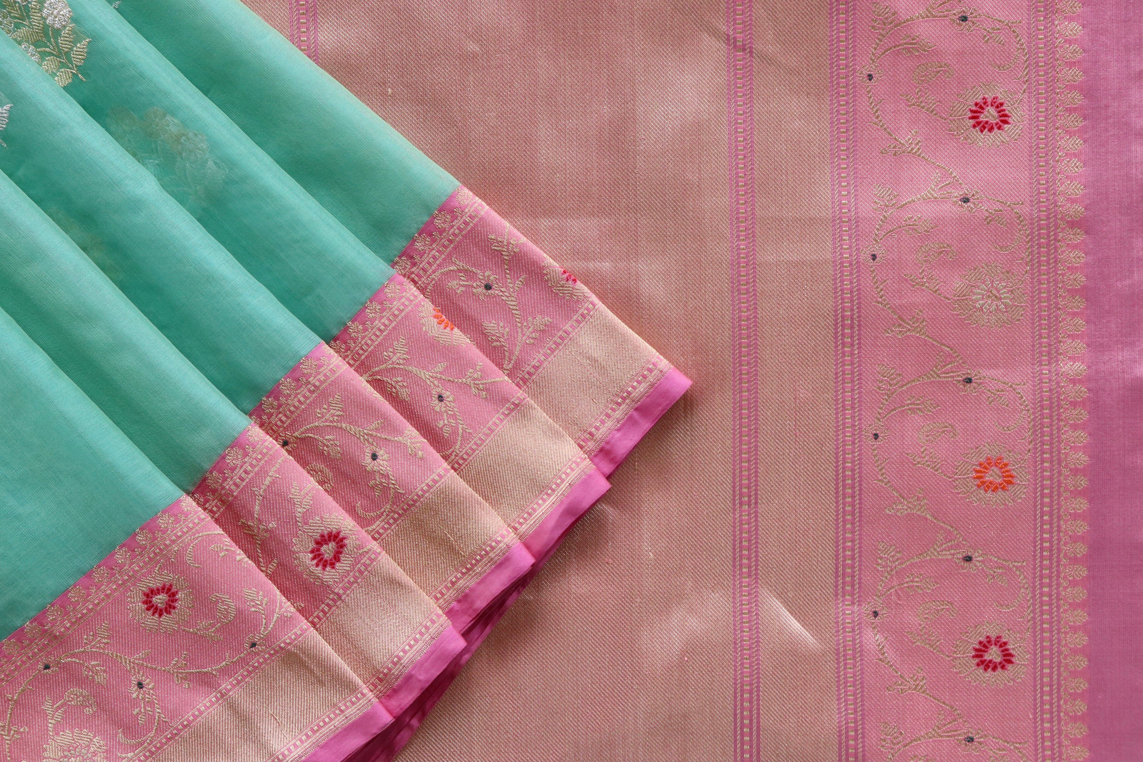 Sea Green & Pink Sona Rupa Motif Pure Silk Handloom Banarasi Saree