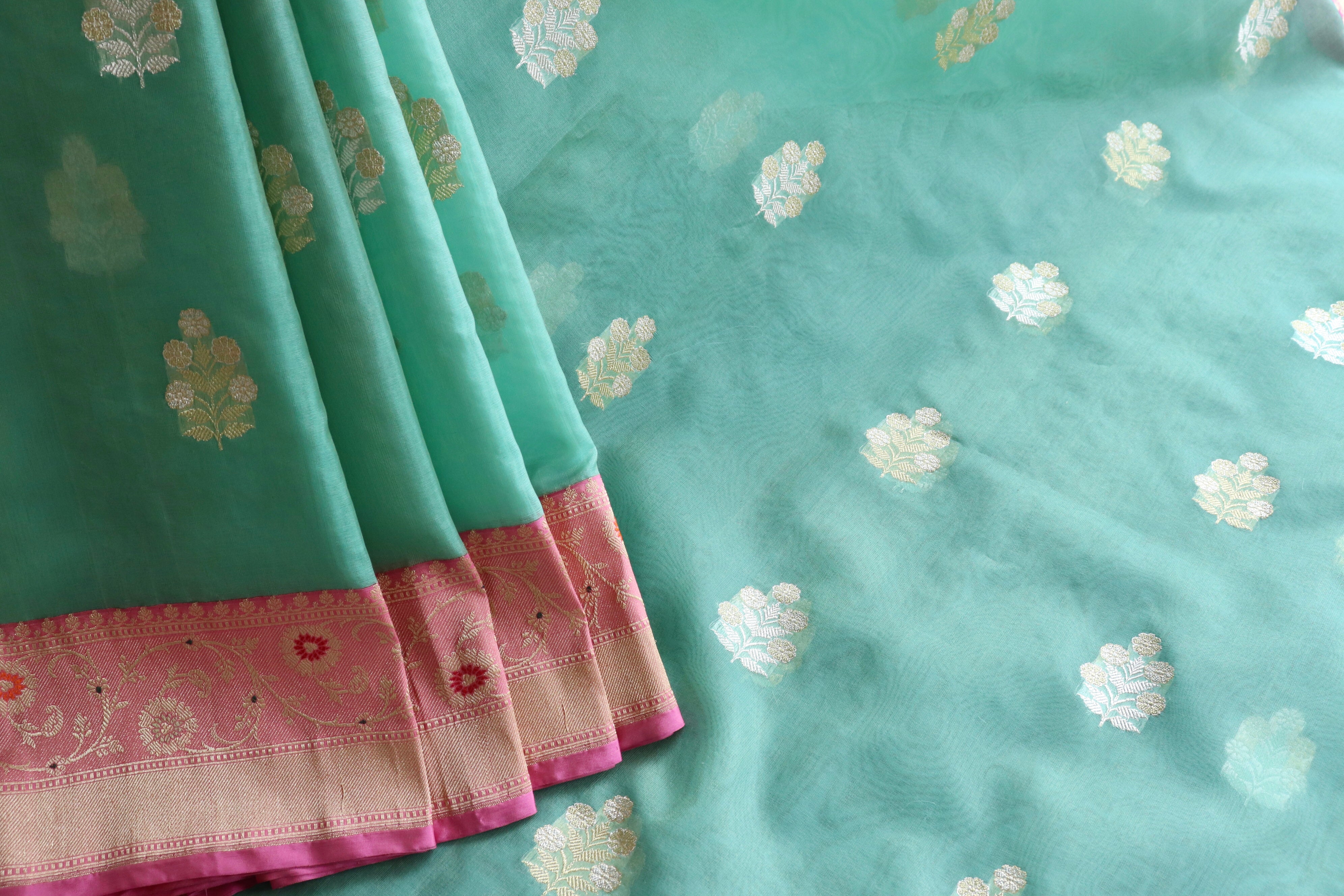 Sea Green & Pink Sona Rupa Motif Pure Silk Handloom Banarasi Saree