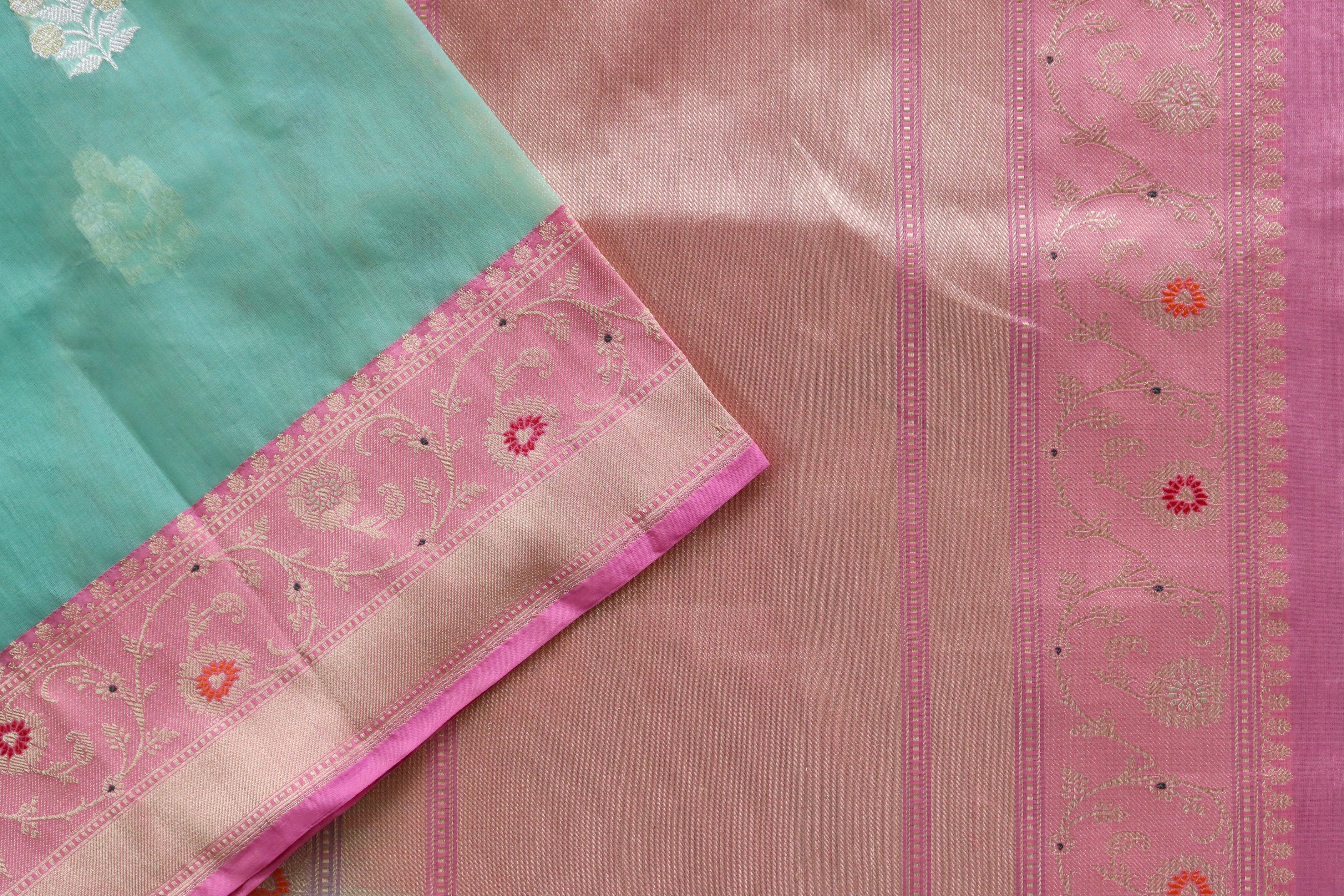 Sea Green & Pink Sona Rupa Motif Pure Silk Handloom Banarasi Saree