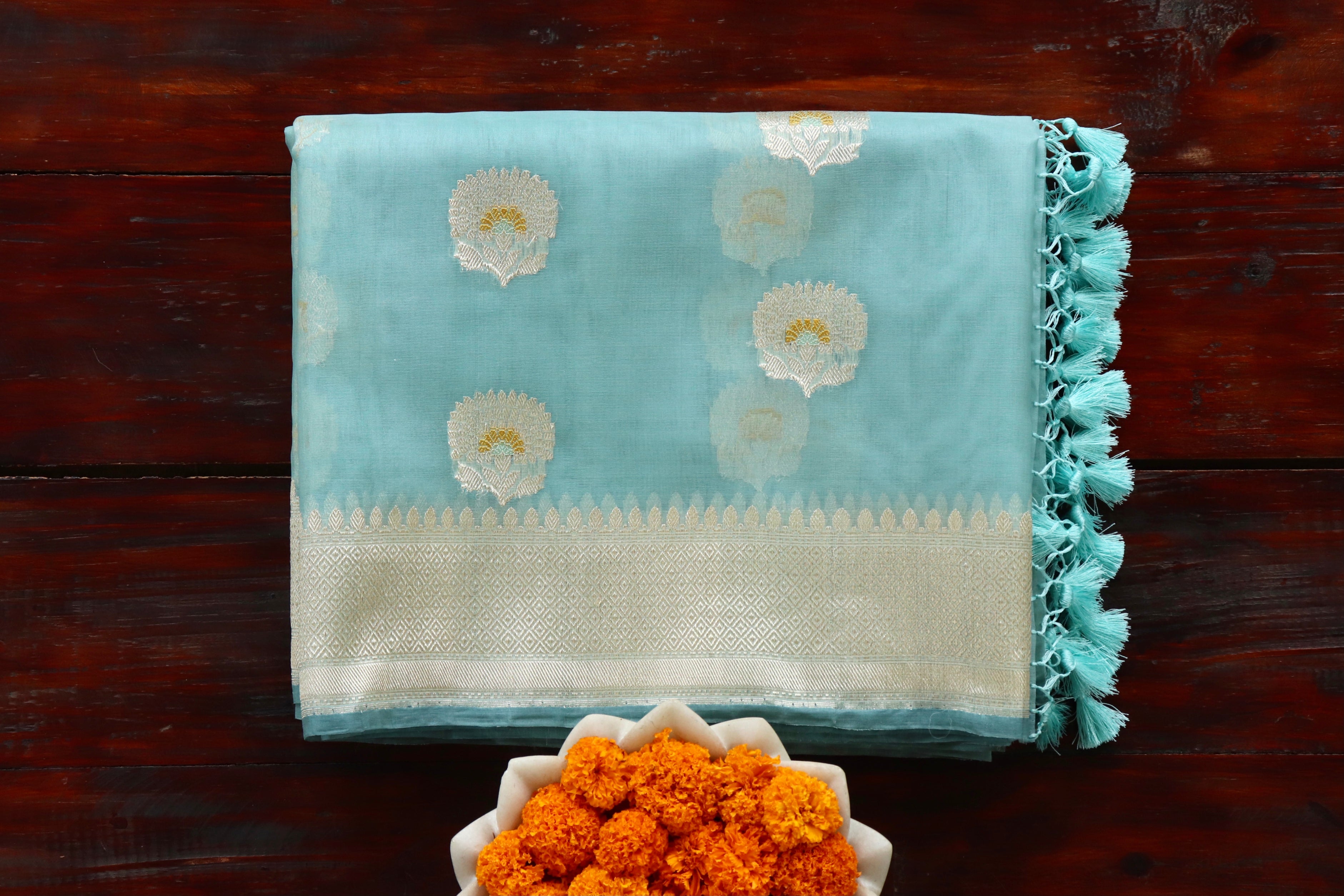 Sky Blue Genda Motif Pure Silk Handloom Banarasi Saree