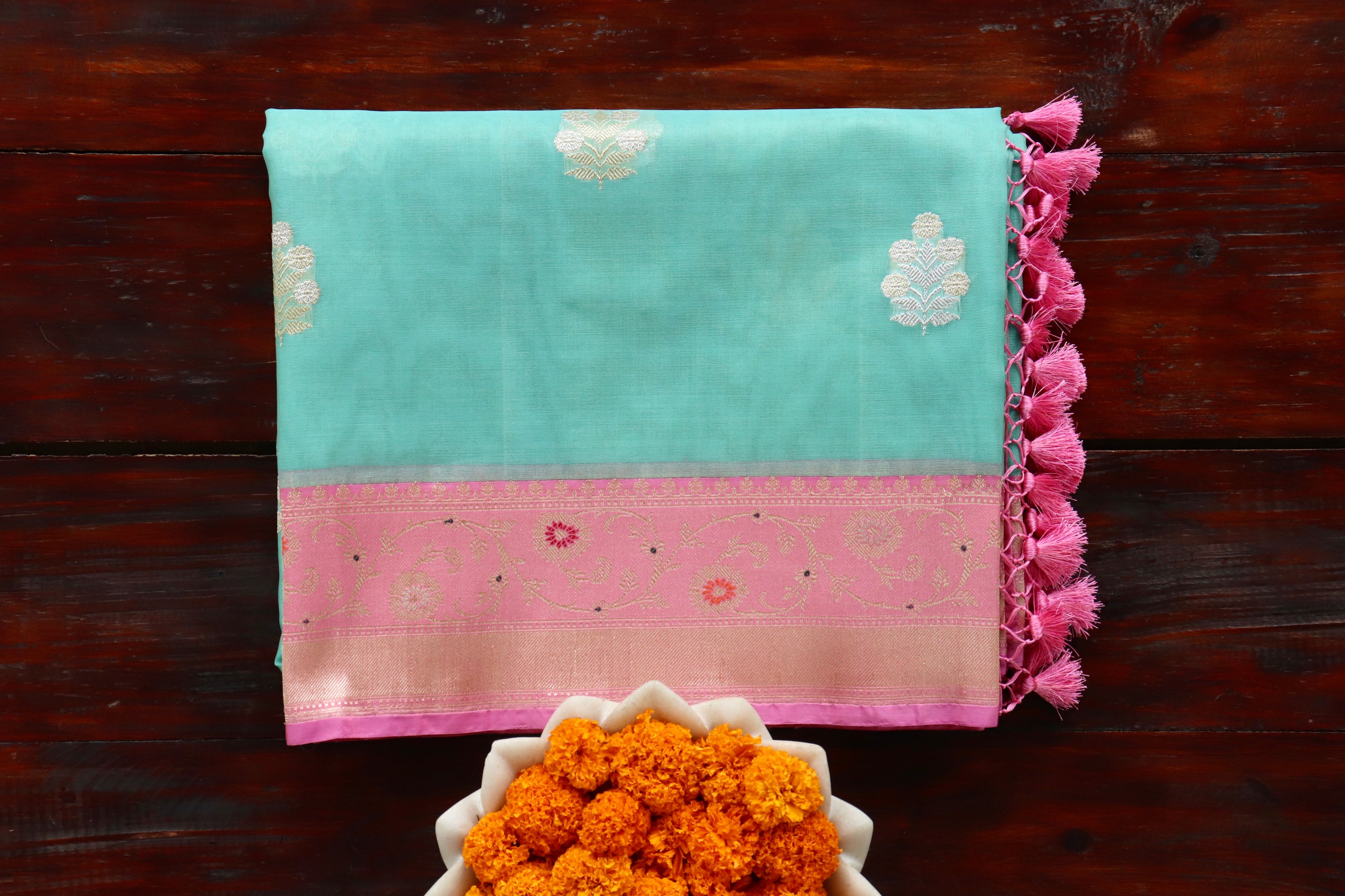 Sea Green & Pink Sona Rupa Motif Pure Silk Handloom Banarasi Saree