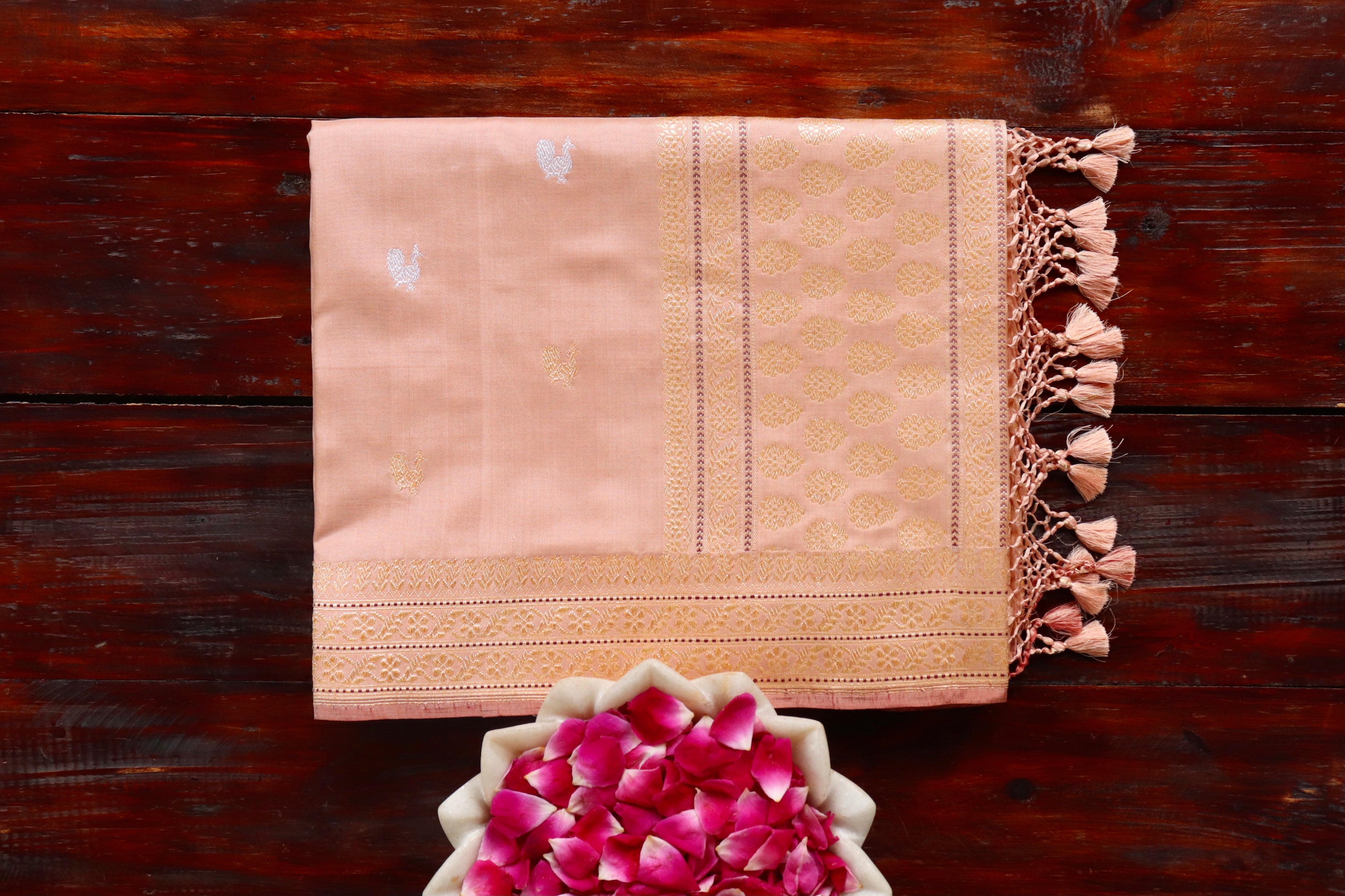 Sandalwood Peacock Motif Pure Silk Handloom Banarasi Saree