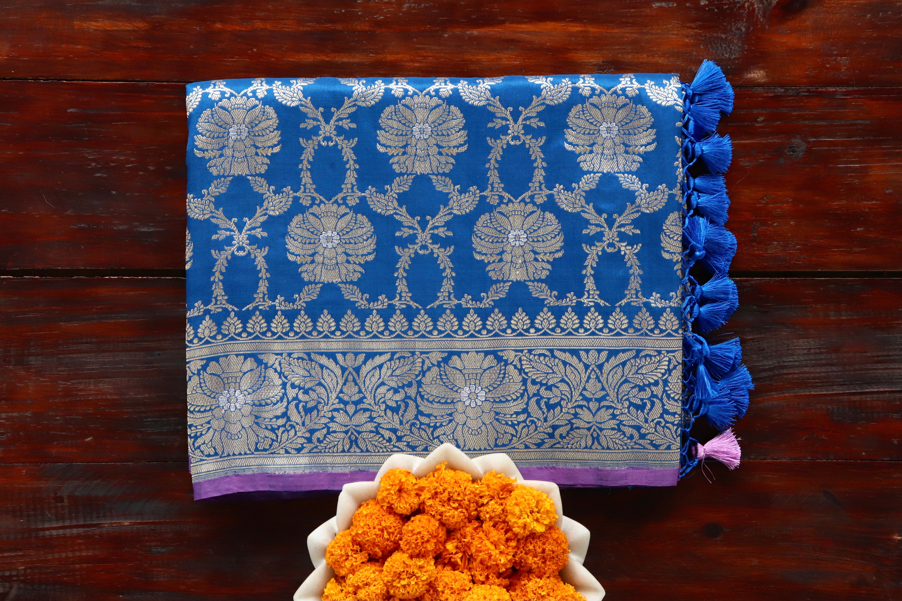 Cobalt Chinar Jangla Pure Silk Handloom Banarasi Saree