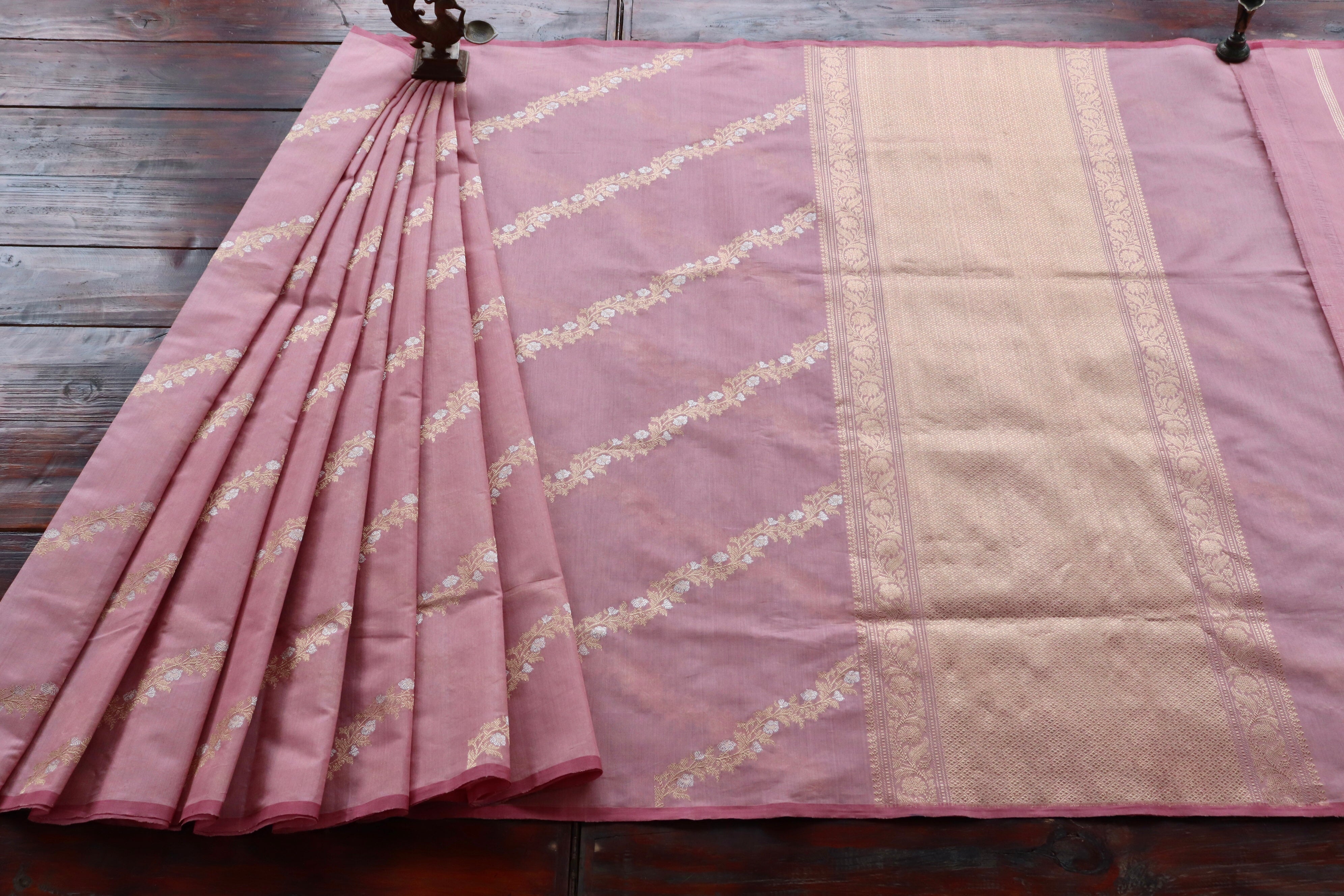 Pink Aada Jangla Pure Kora Silk Banarasi Saree