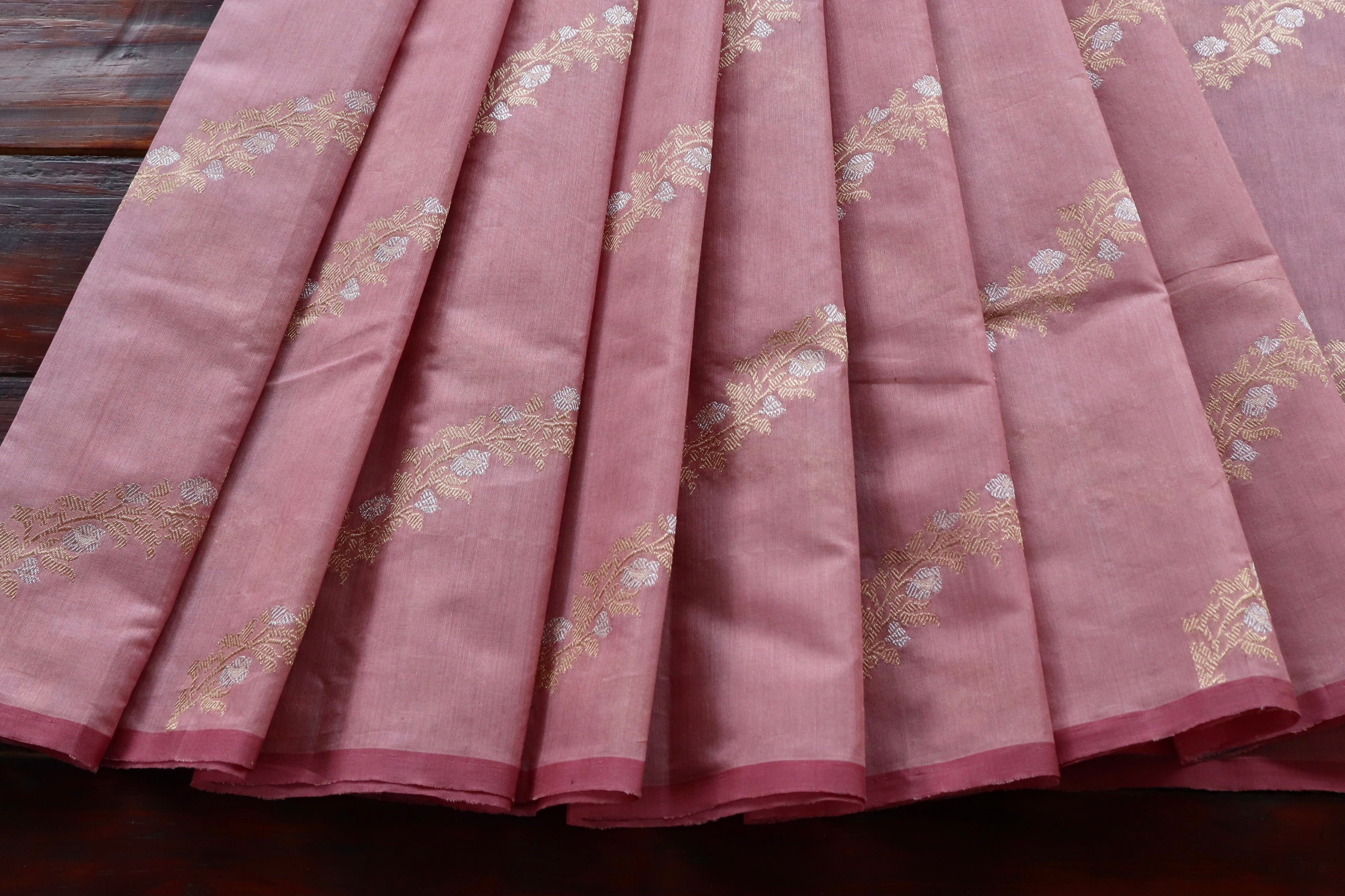 Pink Aada Jangla Pure Kora Silk Banarasi Saree