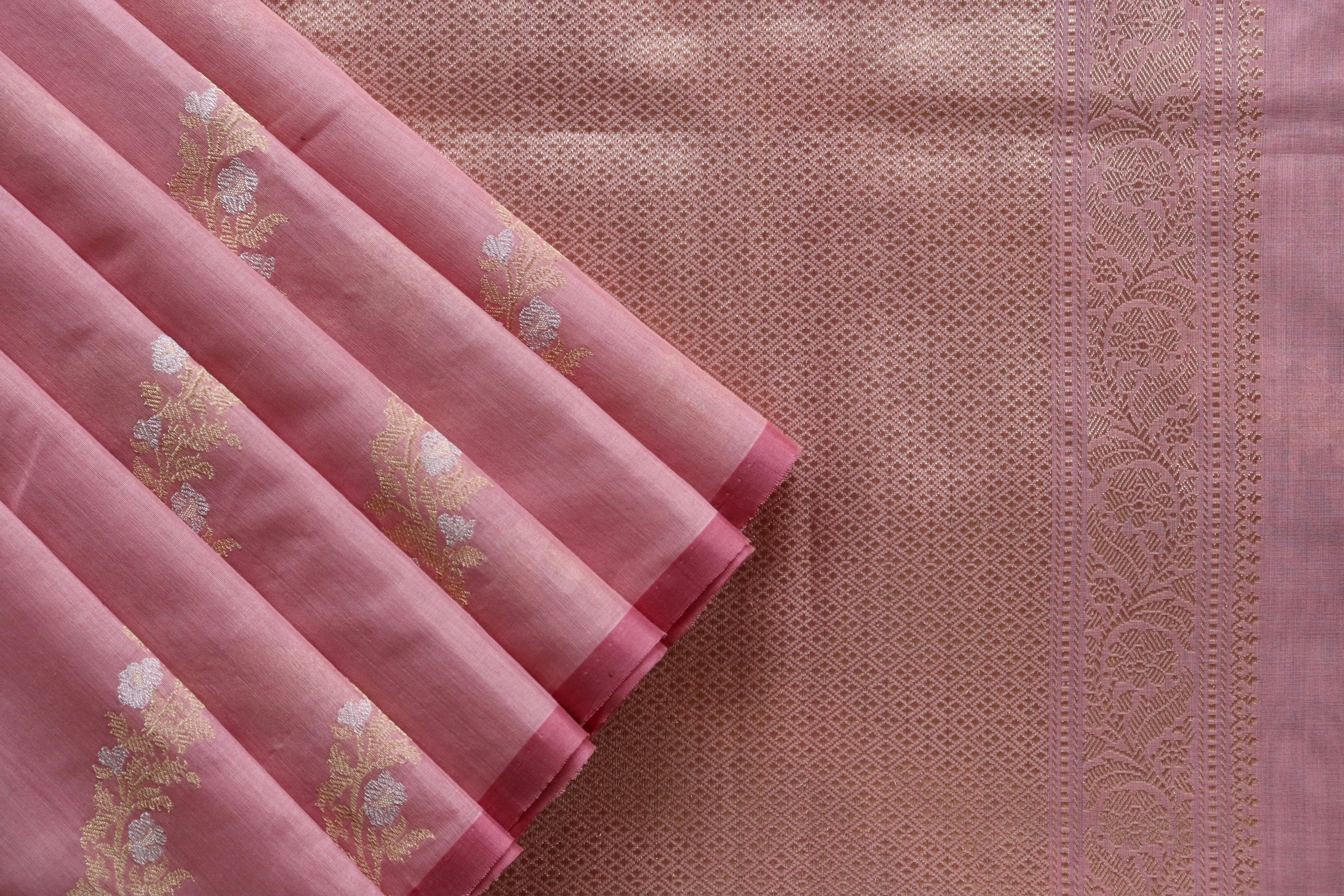 Pink Aada Jangla Pure Kora Silk Banarasi Saree