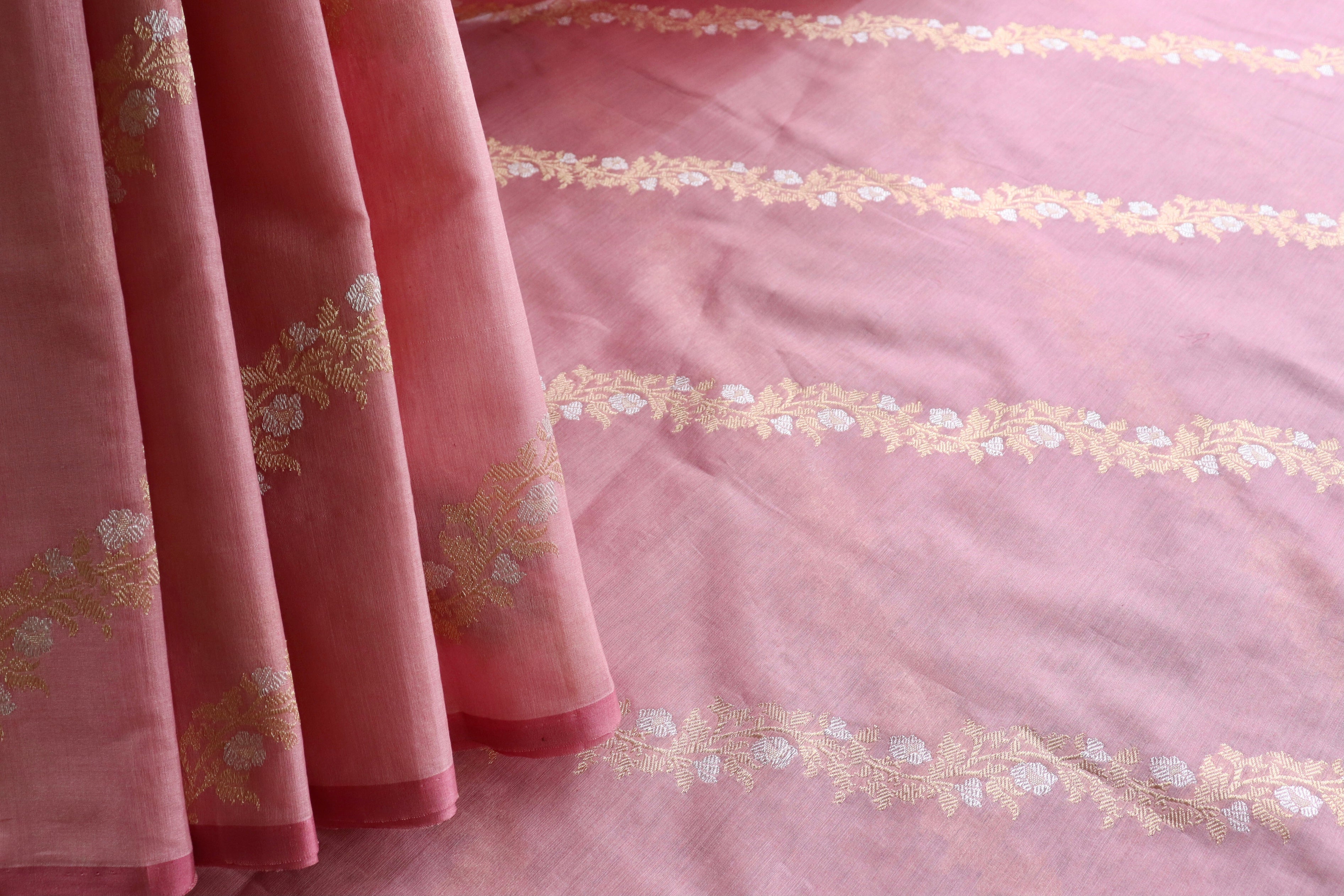 Pink Aada Jangla Pure Kora Silk Banarasi Saree