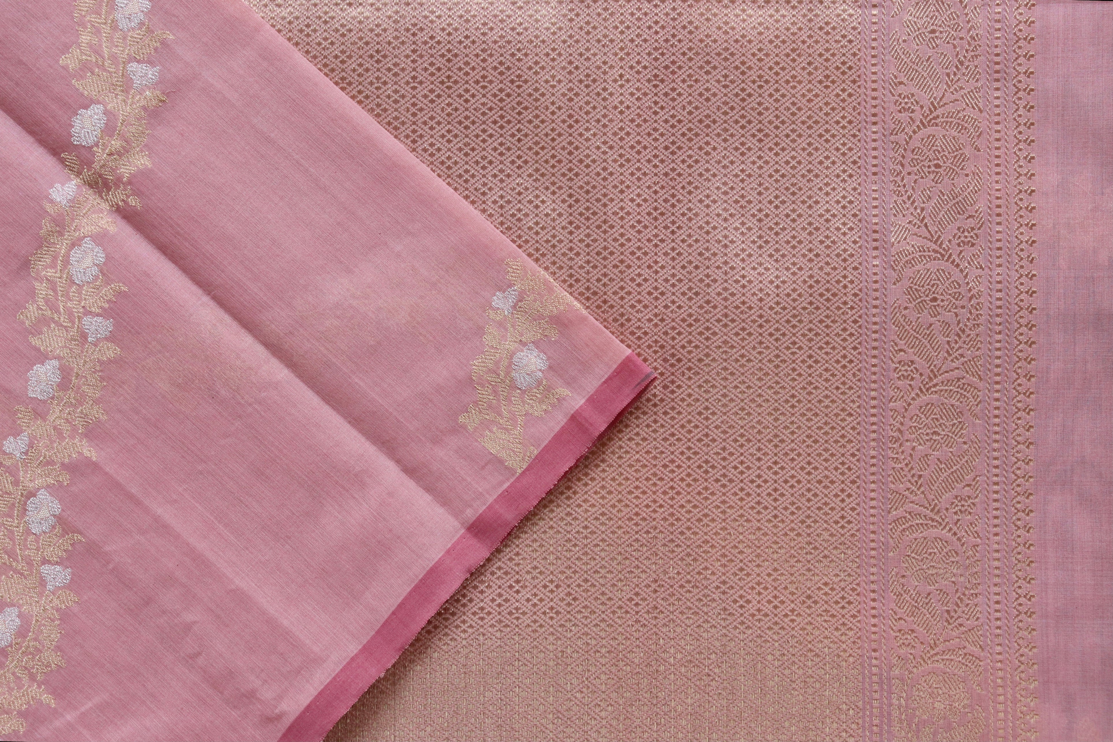 Pink Aada Jangla Pure Kora Silk Banarasi Saree