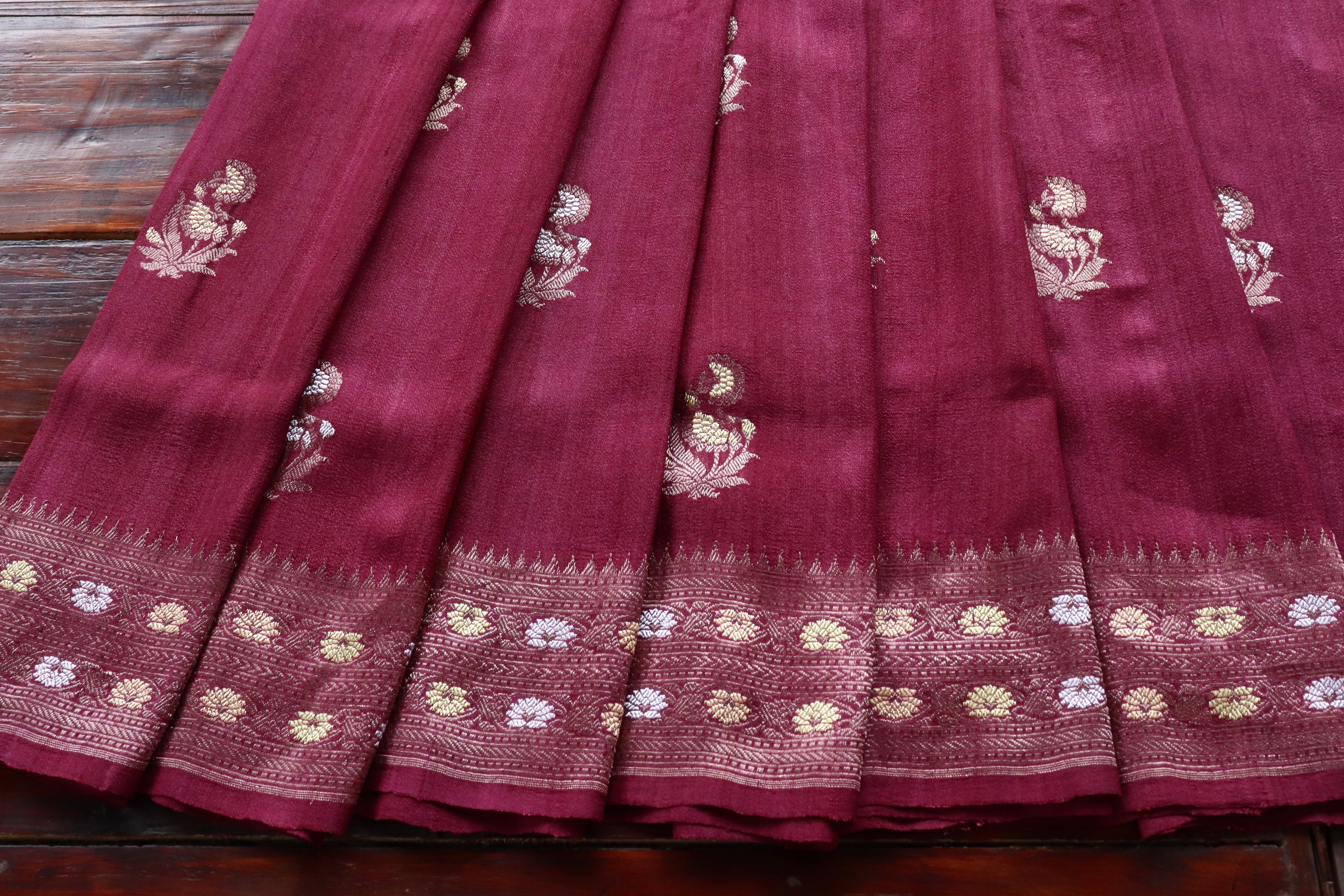 Maroon Guldasta Motif Handwoven Tussar Silk Saree