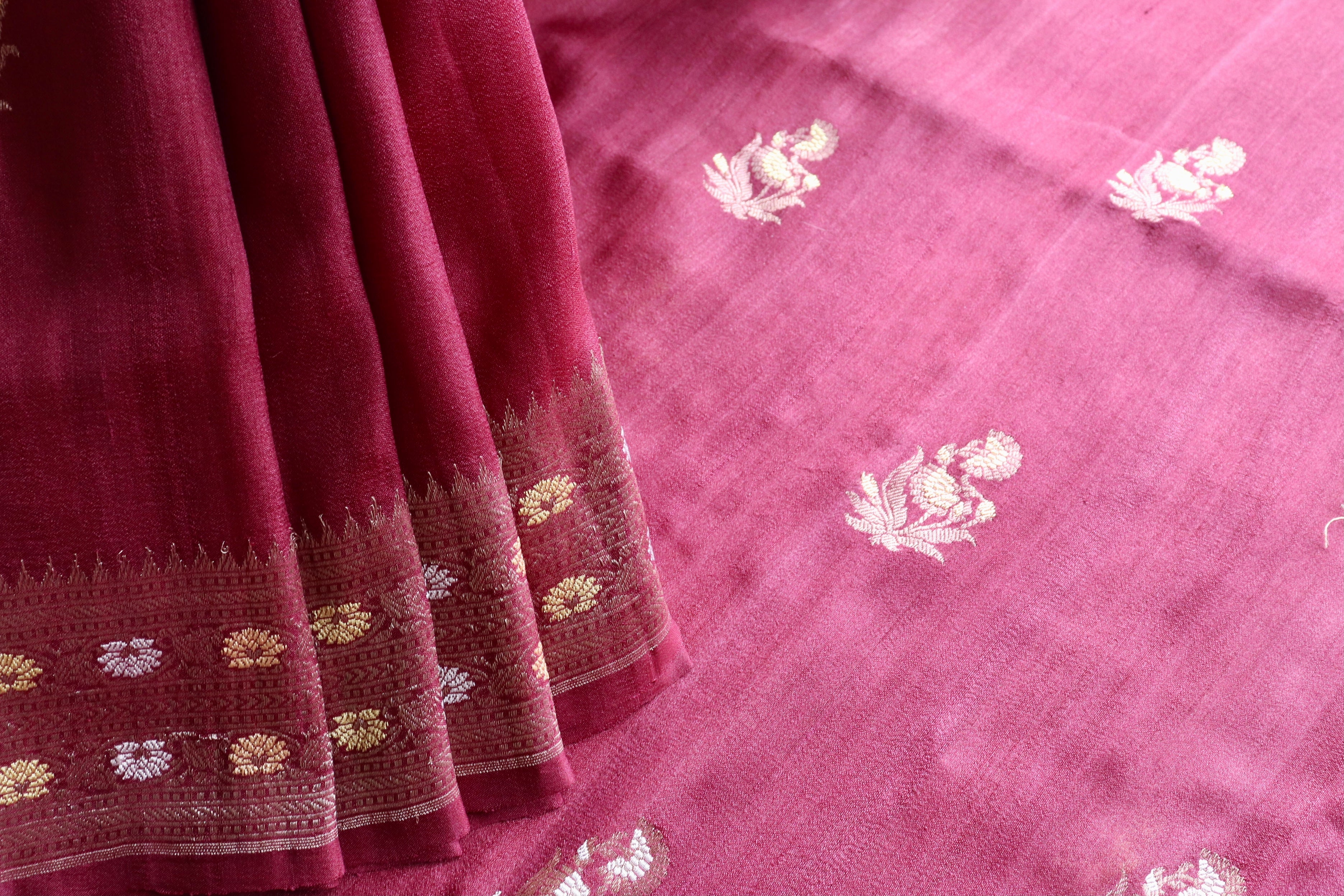 Maroon Guldasta Motif Handwoven Tussar Silk Saree