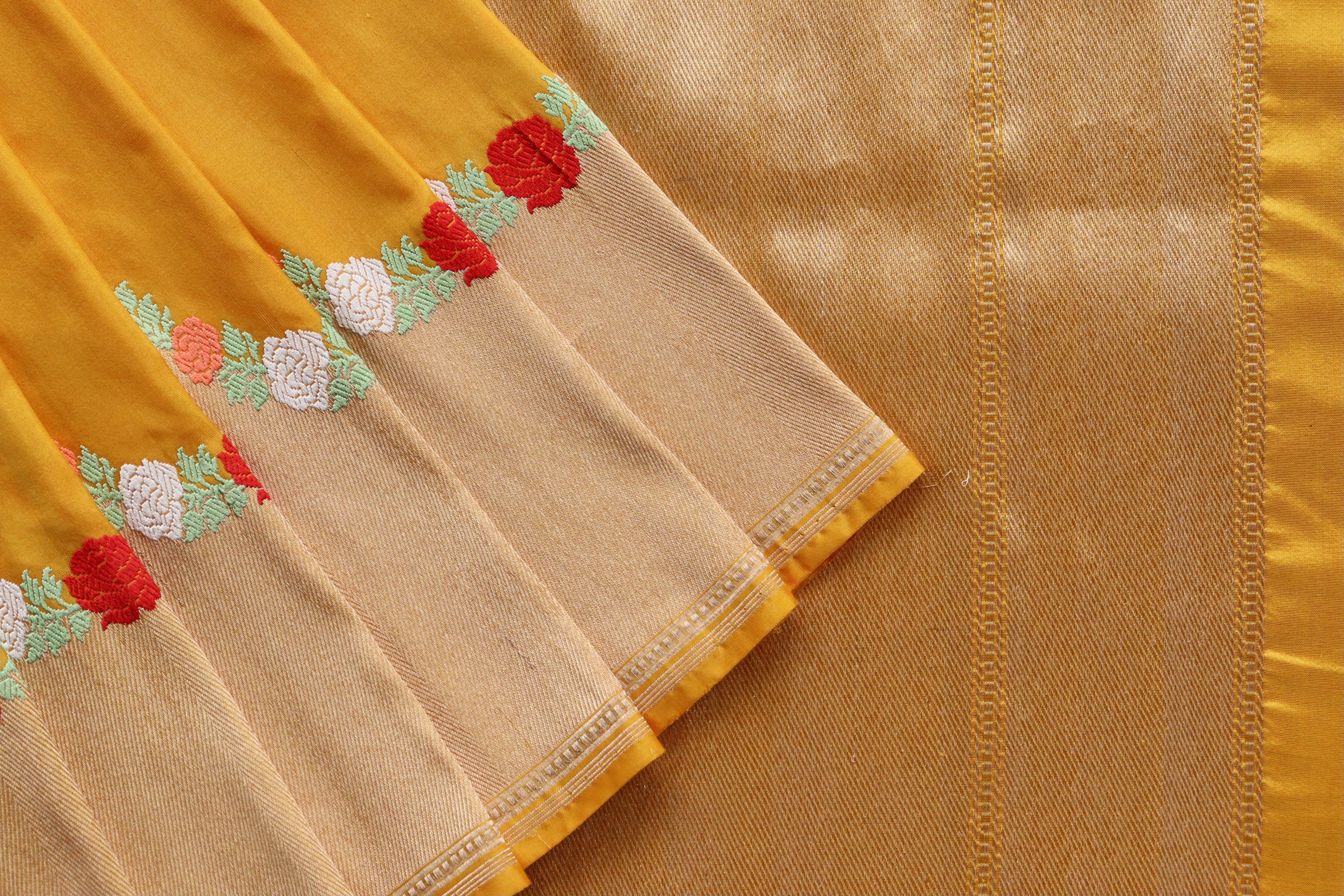 Yellow Floral Border Pure Silk Handloom Banarasi Saree