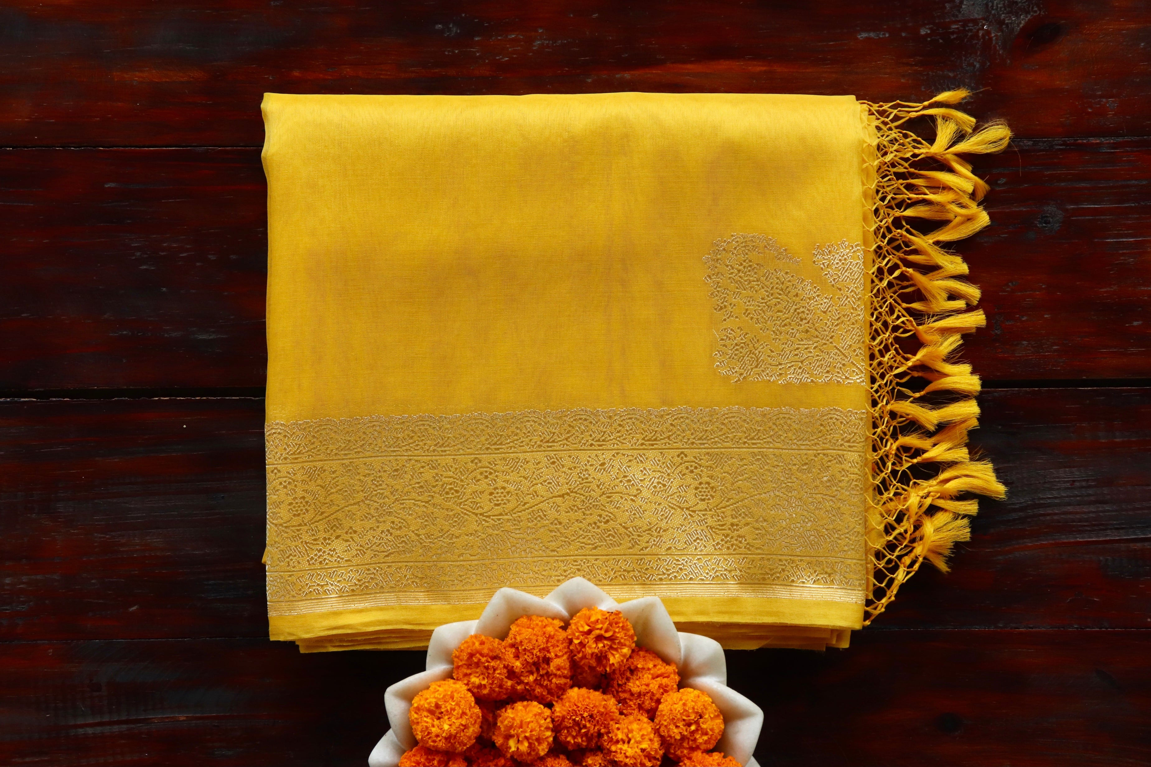 Yellow Kuniya Pure Organza Silk Handloom Saree