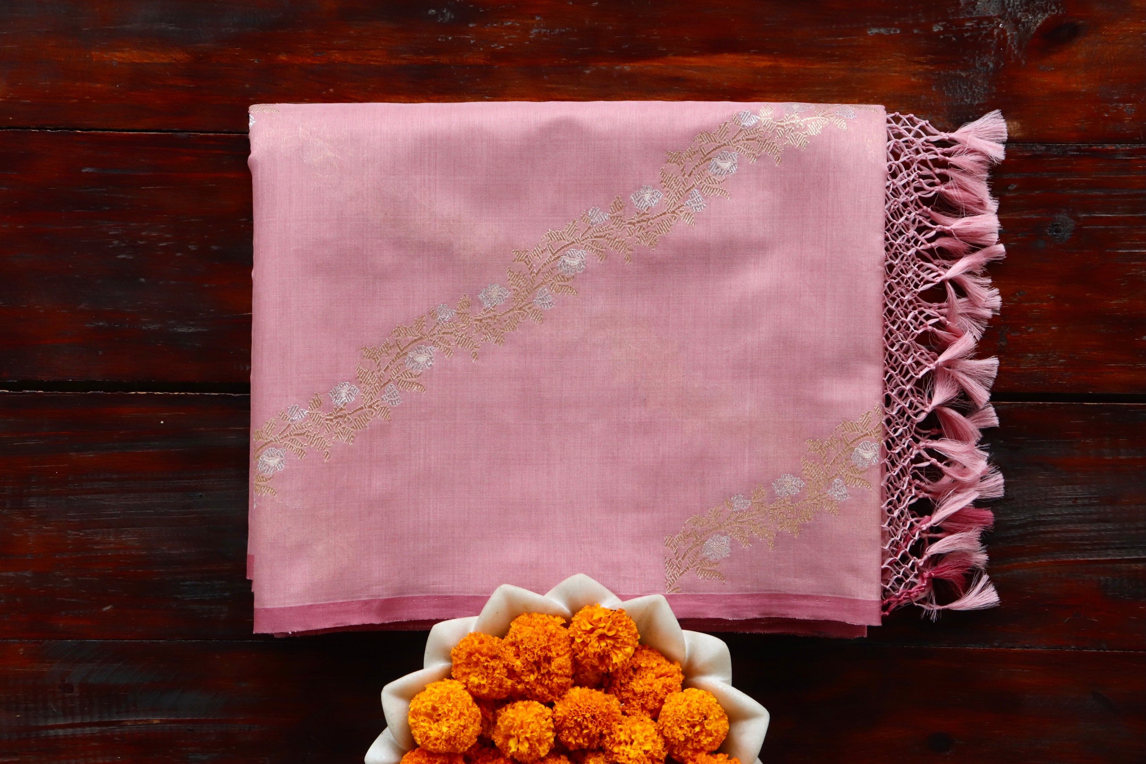 Pink Aada Jangla Pure Kora Silk Banarasi Saree