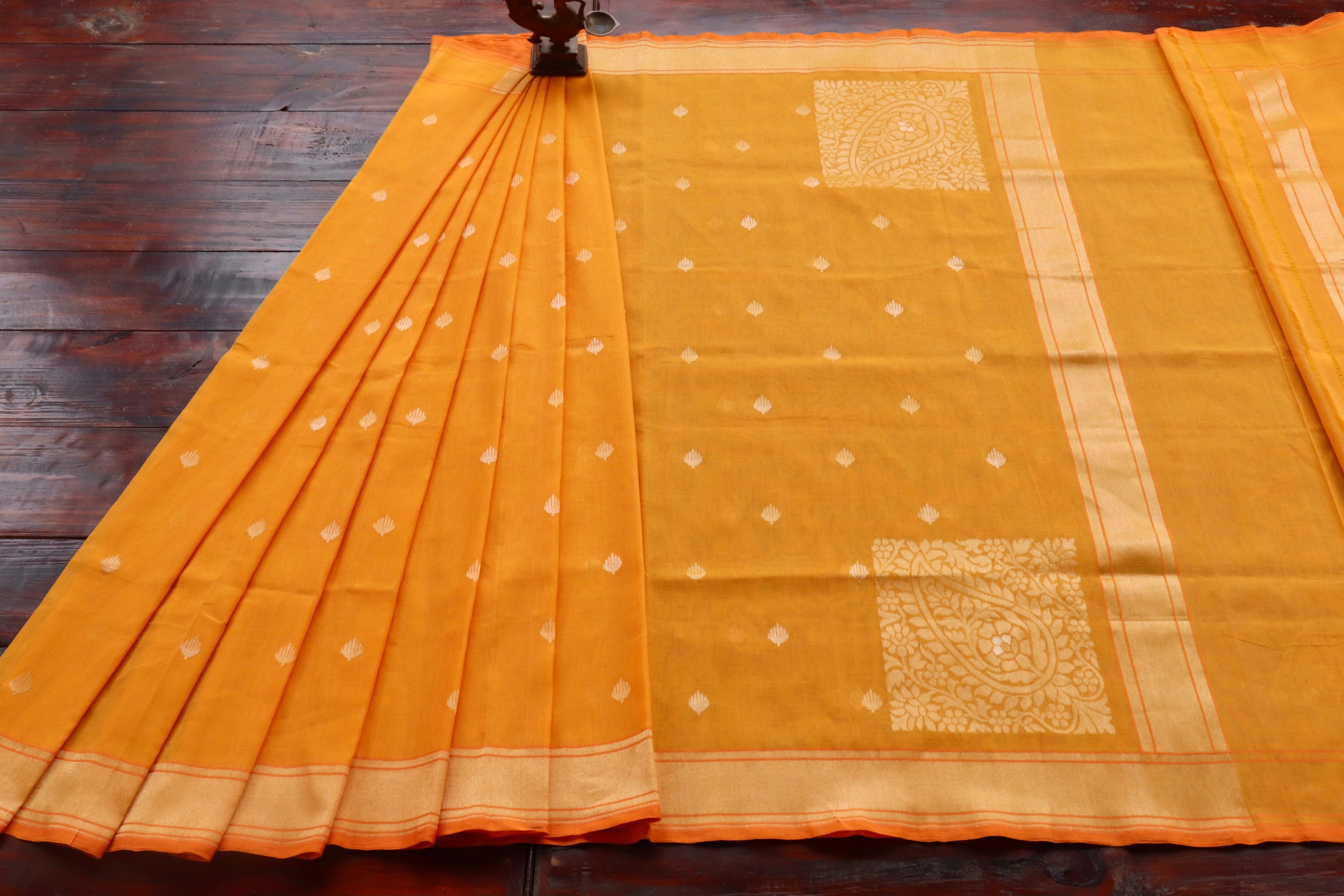 Sunset Yellow Cotton Banarasi Handloom Saree
